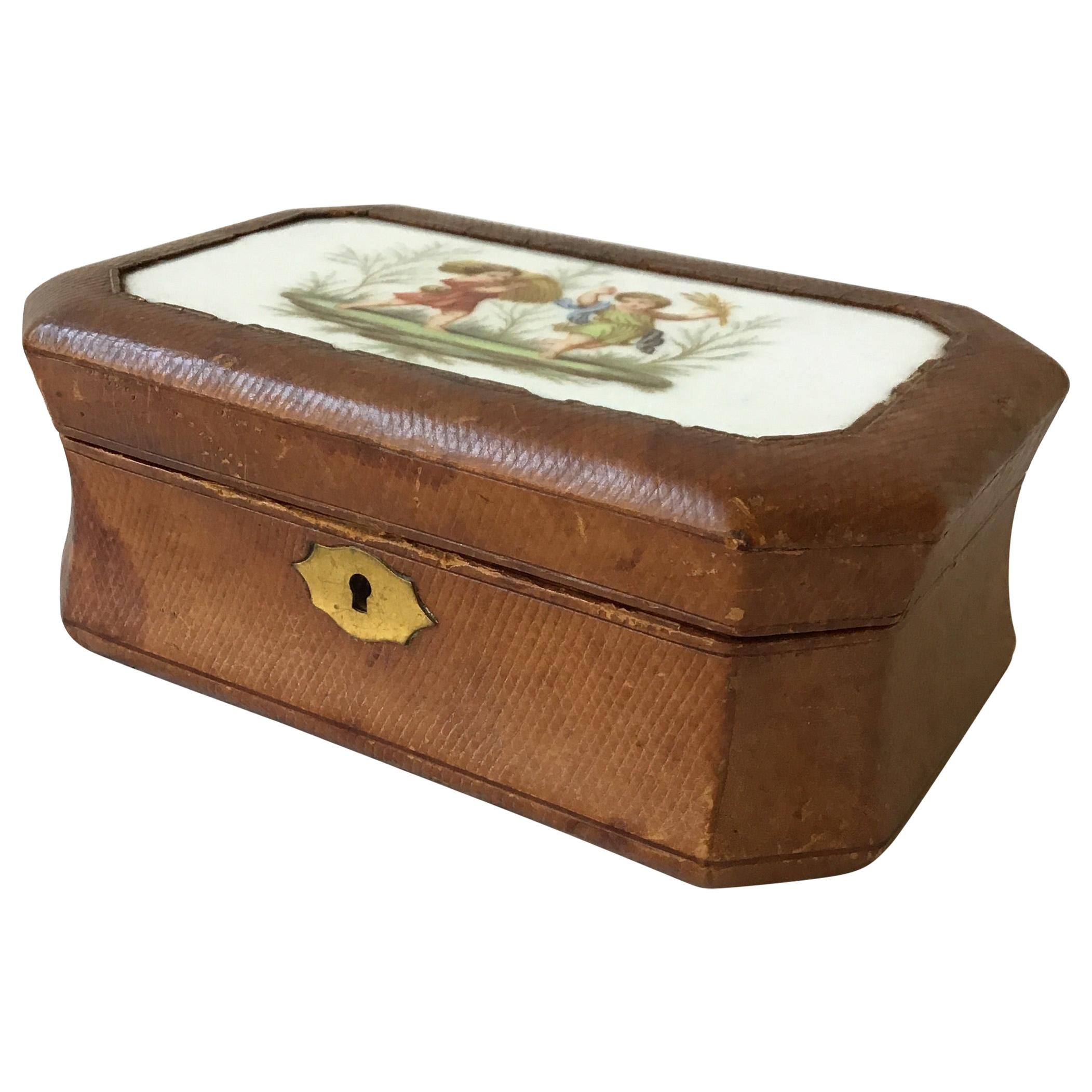 1890s French Leather Box with Ceramic Plaque of Children