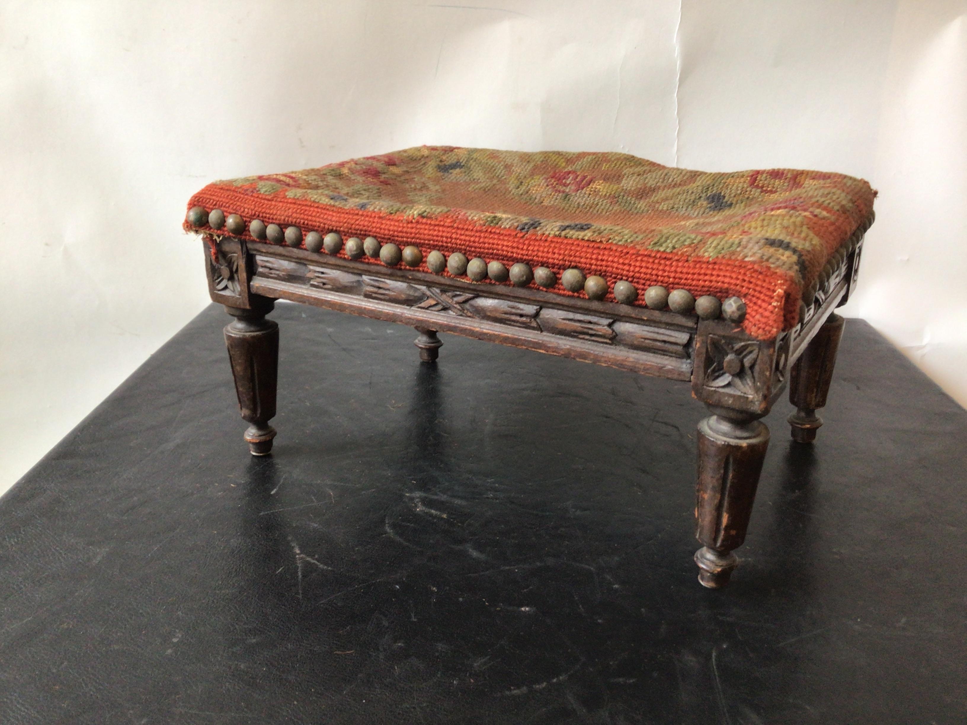 1890s Louis XVI carved wood footstool. Needs reupholstering.