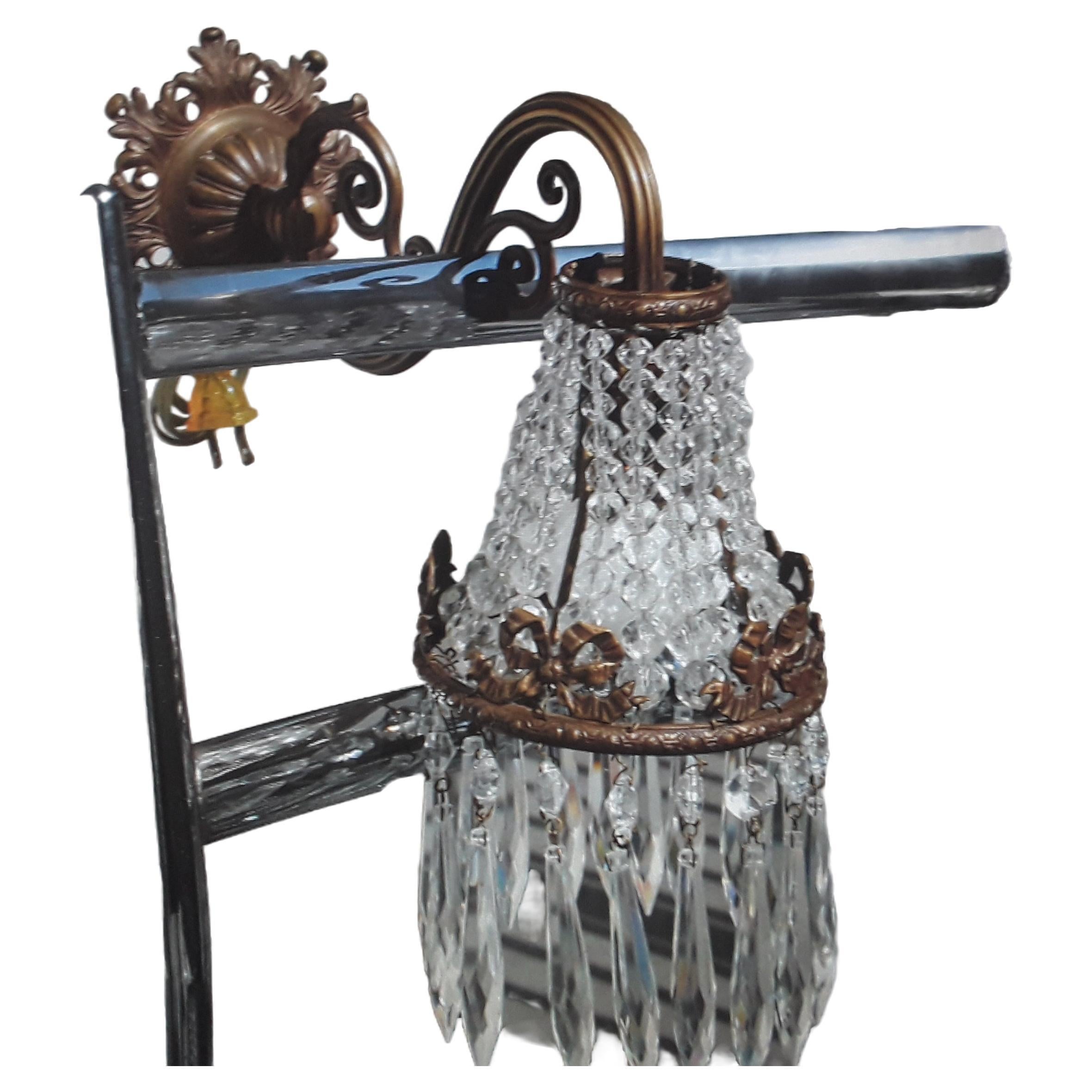 1890's French Napoleon III Bronze w/ Cascading Cut Crystal Wall Sconce/ Lamp For Sale