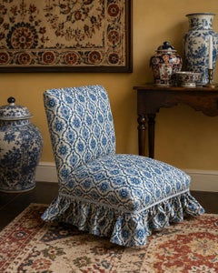 1890s French Napoleon III Style Chauffeuse in Azure Woven Textile