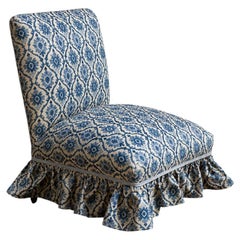 1890s French Napoleon III Style Chauffeuse in Azure Woven Textile