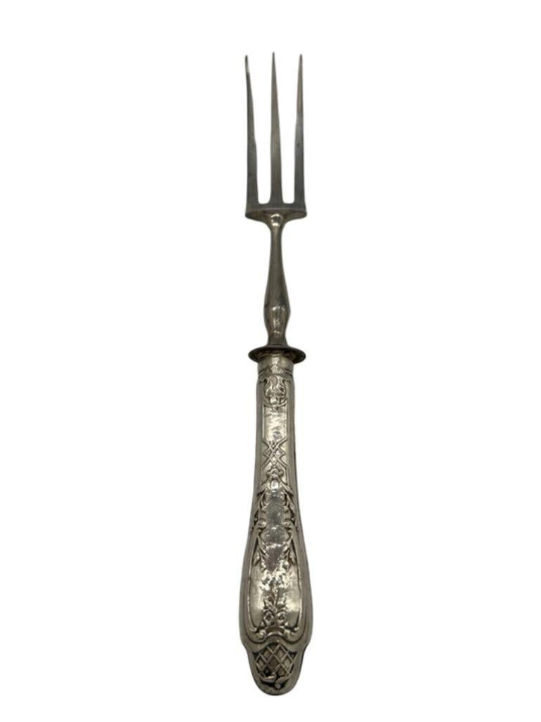 1890's French Neoclassic Repoussé Sterling Silver Serving Meat Fork and Knife In Good Condition For Sale In Van Nuys, CA