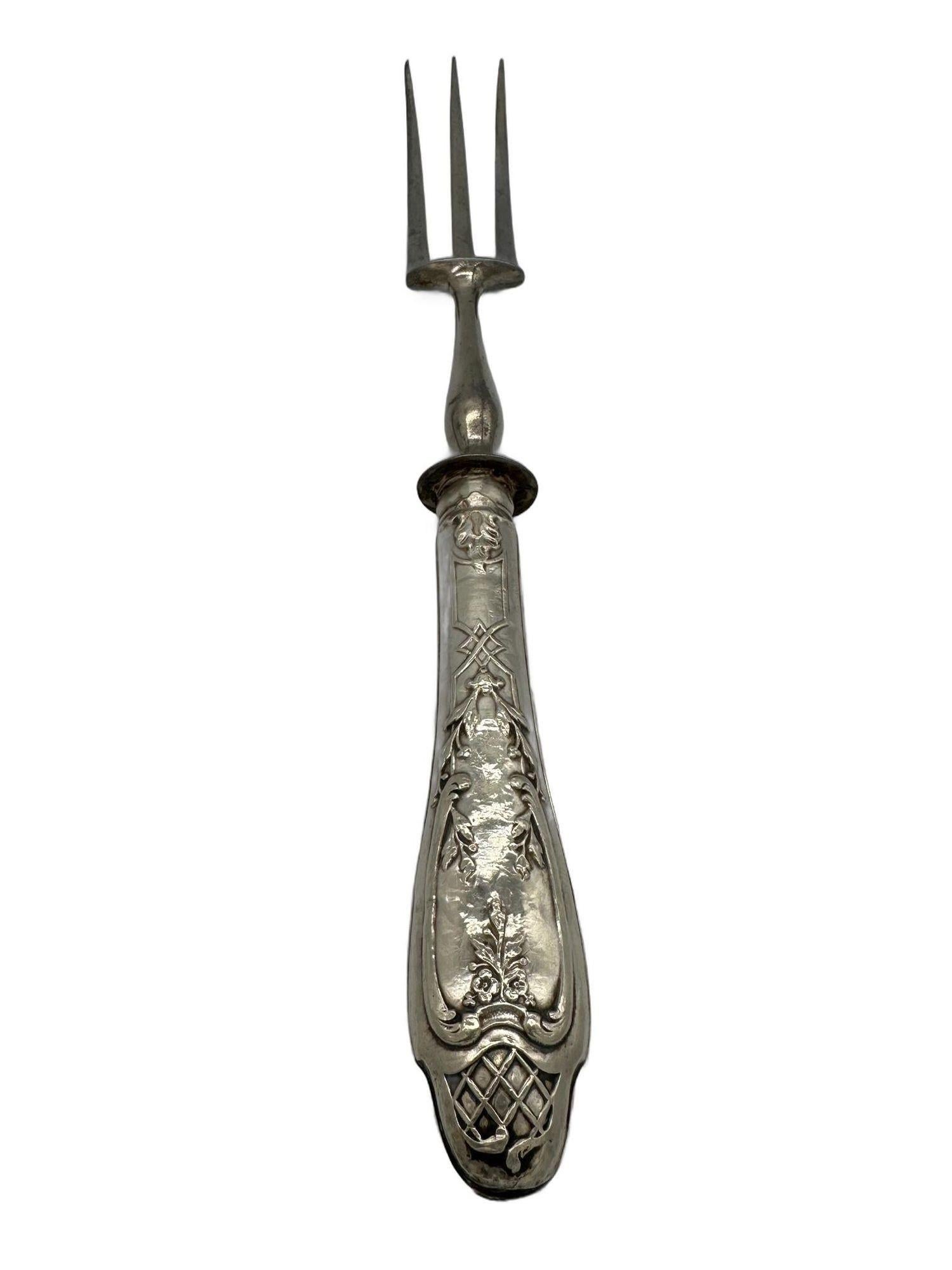 18th Century 1890's French Neoclassic Repoussé Sterling Silver Serving Meat Fork and Knife For Sale