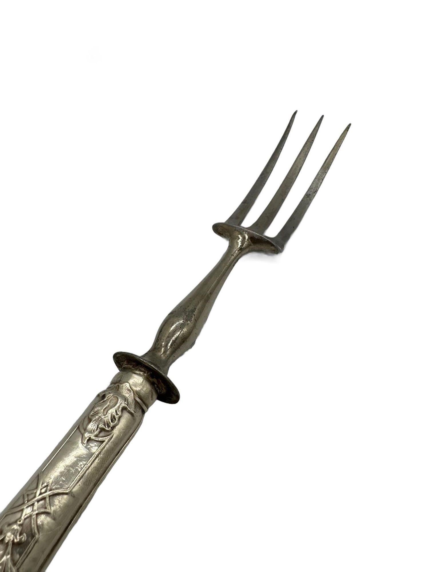 1890's French Neoclassic Repoussé Sterling Silver Serving Meat Fork and Knife For Sale 2