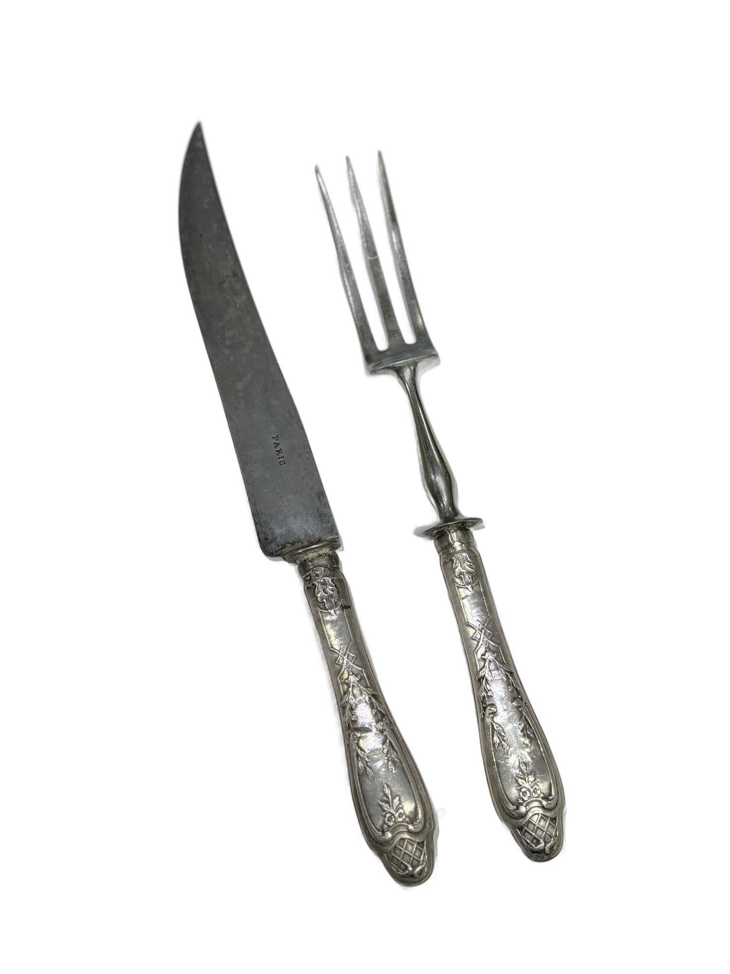 1890's French Neoclassic Repoussé Sterling Silver Serving Meat Fork and Knife For Sale 4