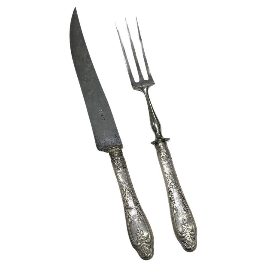 1890's French Neoclassic Repoussé Sterling Silver Serving Meat Fork and Knife For Sale