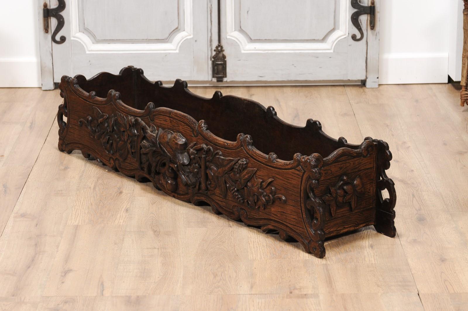 1890s French Oak Planter with Carved Gardening Themed Frieze For Sale 7
