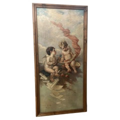 1890's French Painting "Two Putti as Allegories of Music"