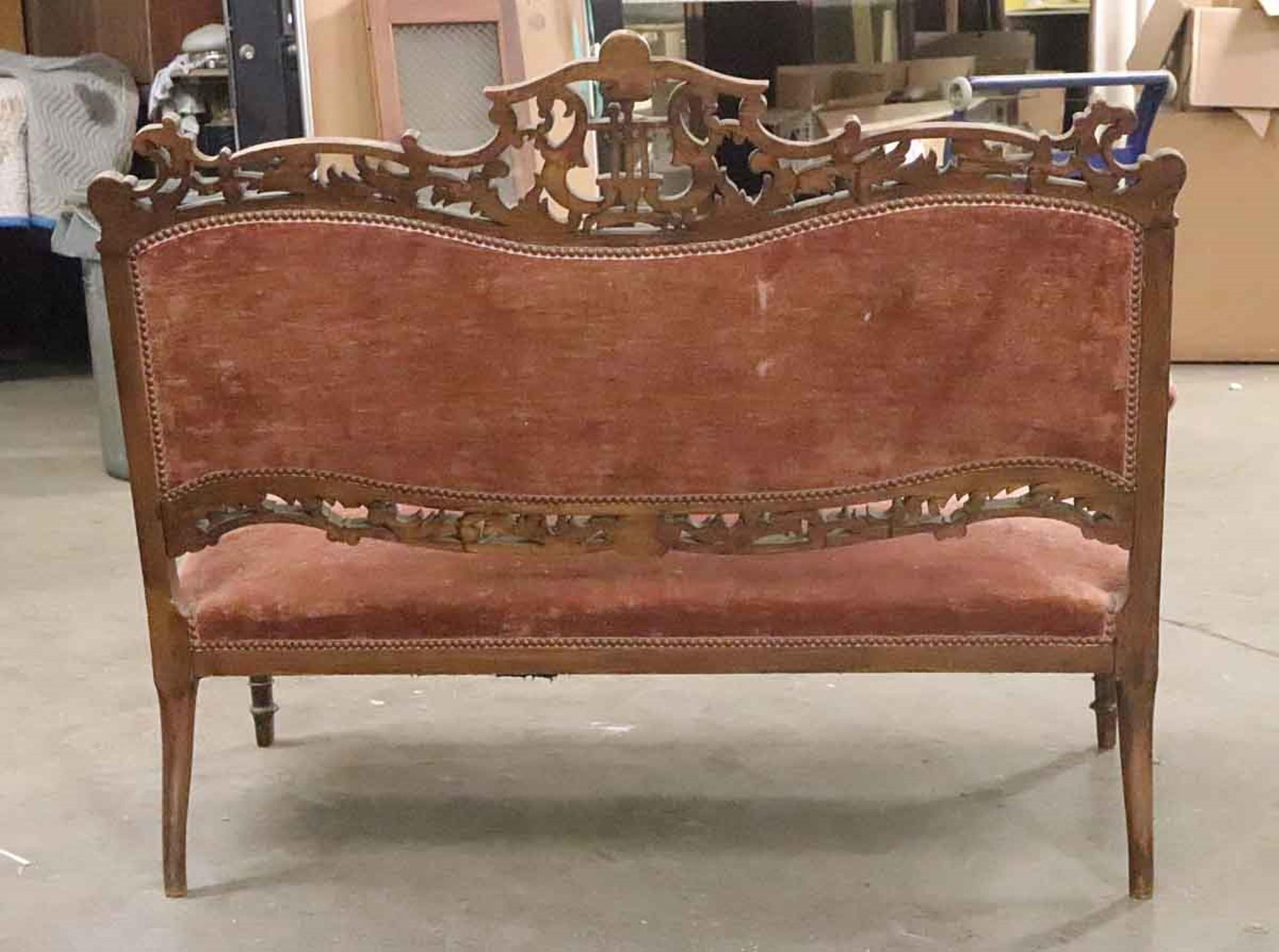 1890s French Red Velvet Victorian Hand Carved Wood Loveseat with Musical Motif 6