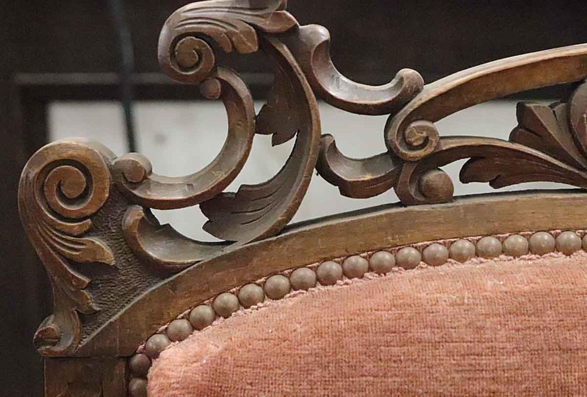 European 1890s French Red Velvet Victorian Hand Carved Wood Loveseat with Musical Motif