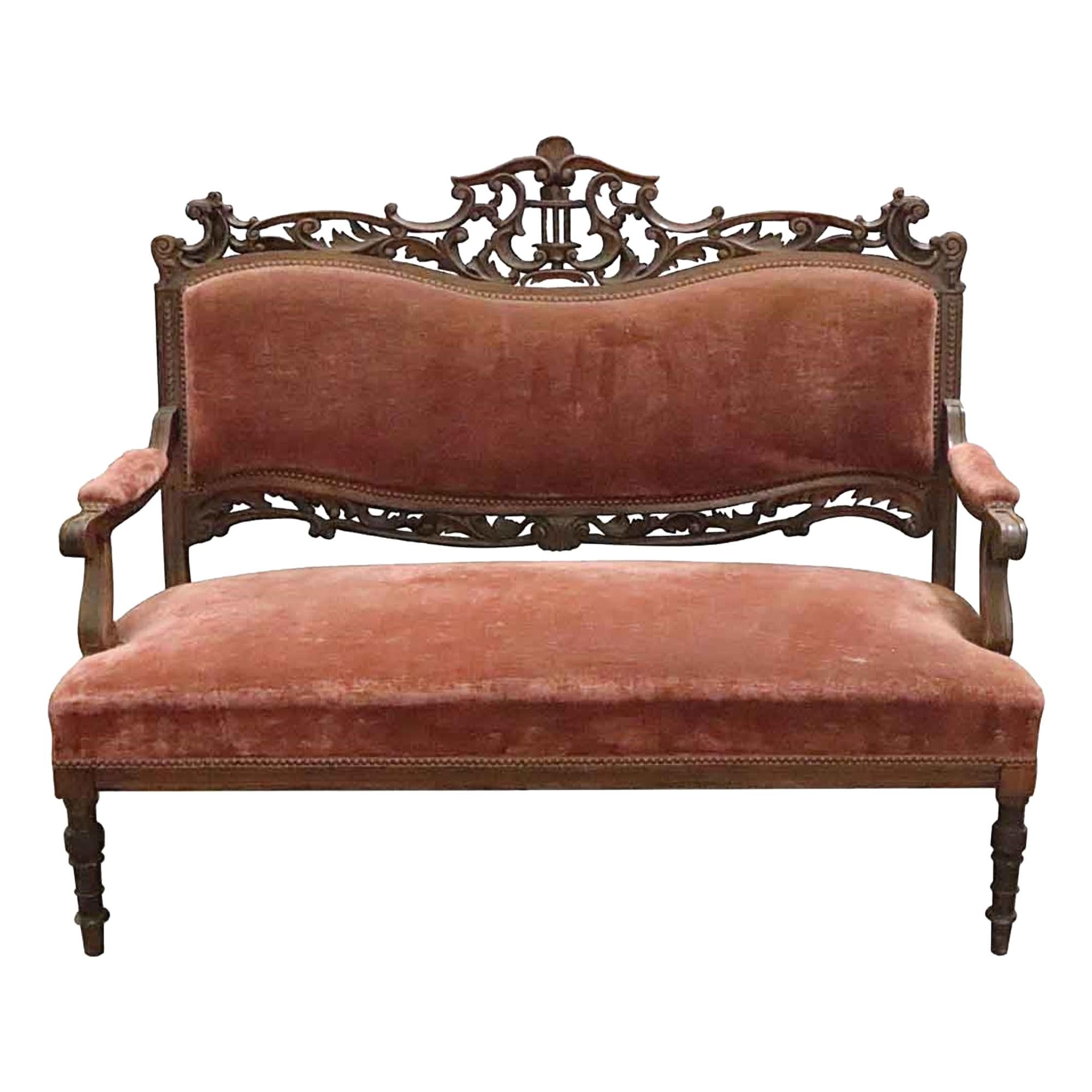 1890s French Red Velvet Victorian Hand Carved Wood Loveseat with Musical Motif