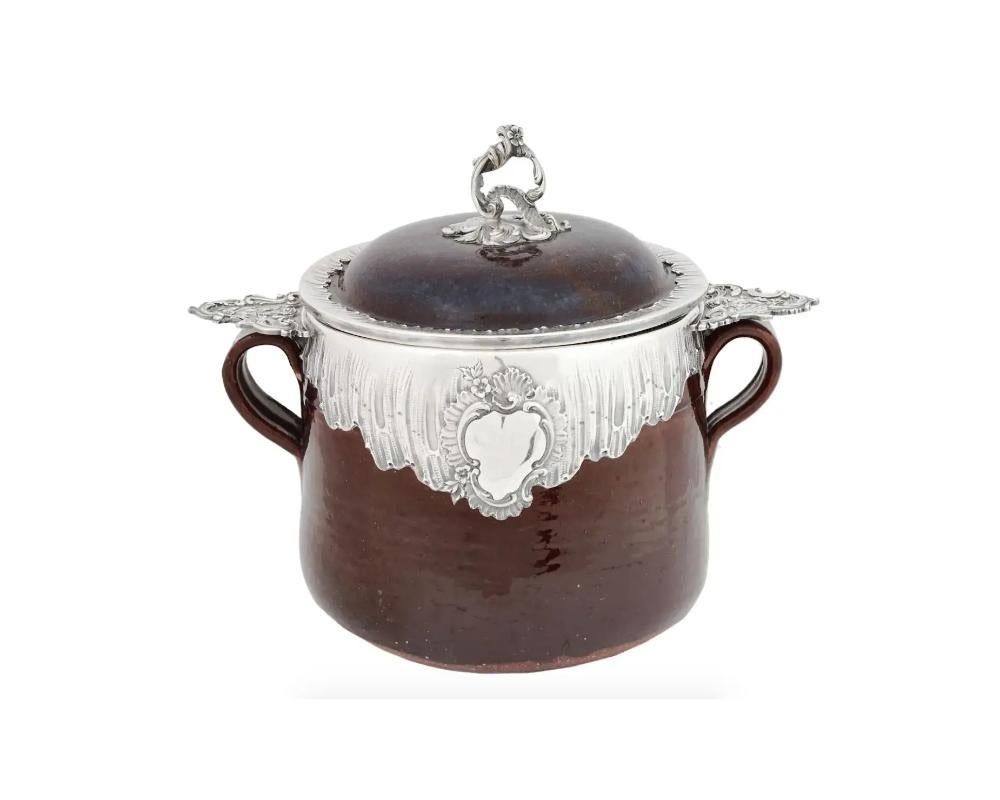 Glazed 1890s French Silver Mounted Earthenware Crock Pot