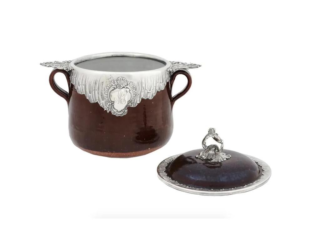1890s French Silver Mounted Earthenware Crock Pot In Good Condition In New York, NY