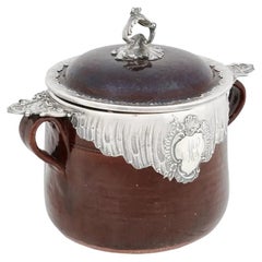 1890s French Silver Mounted Earthenware Crock Pot