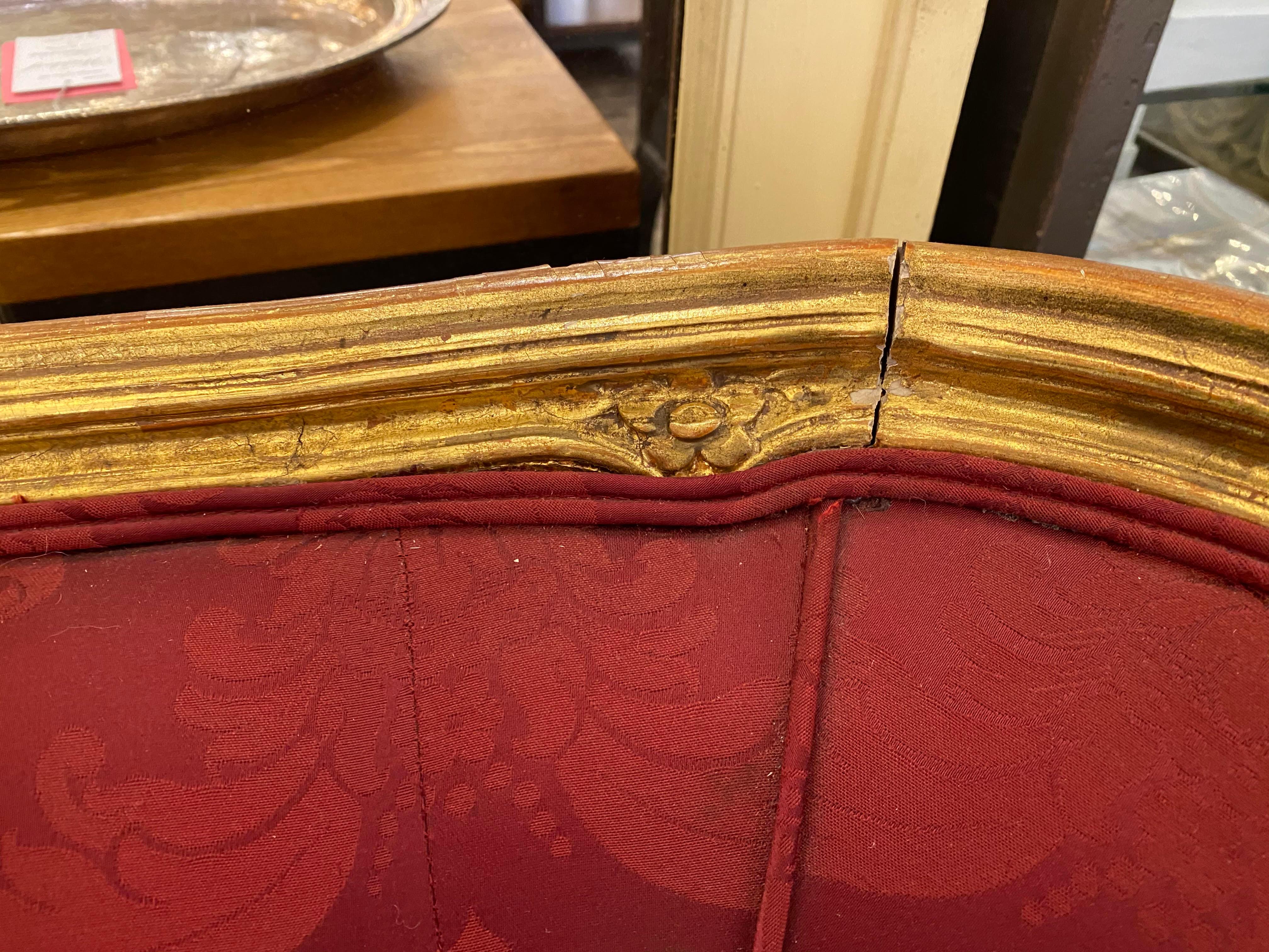1890s Gilded Carved Wood Sofa Couch with Red Floral Upholstery 2