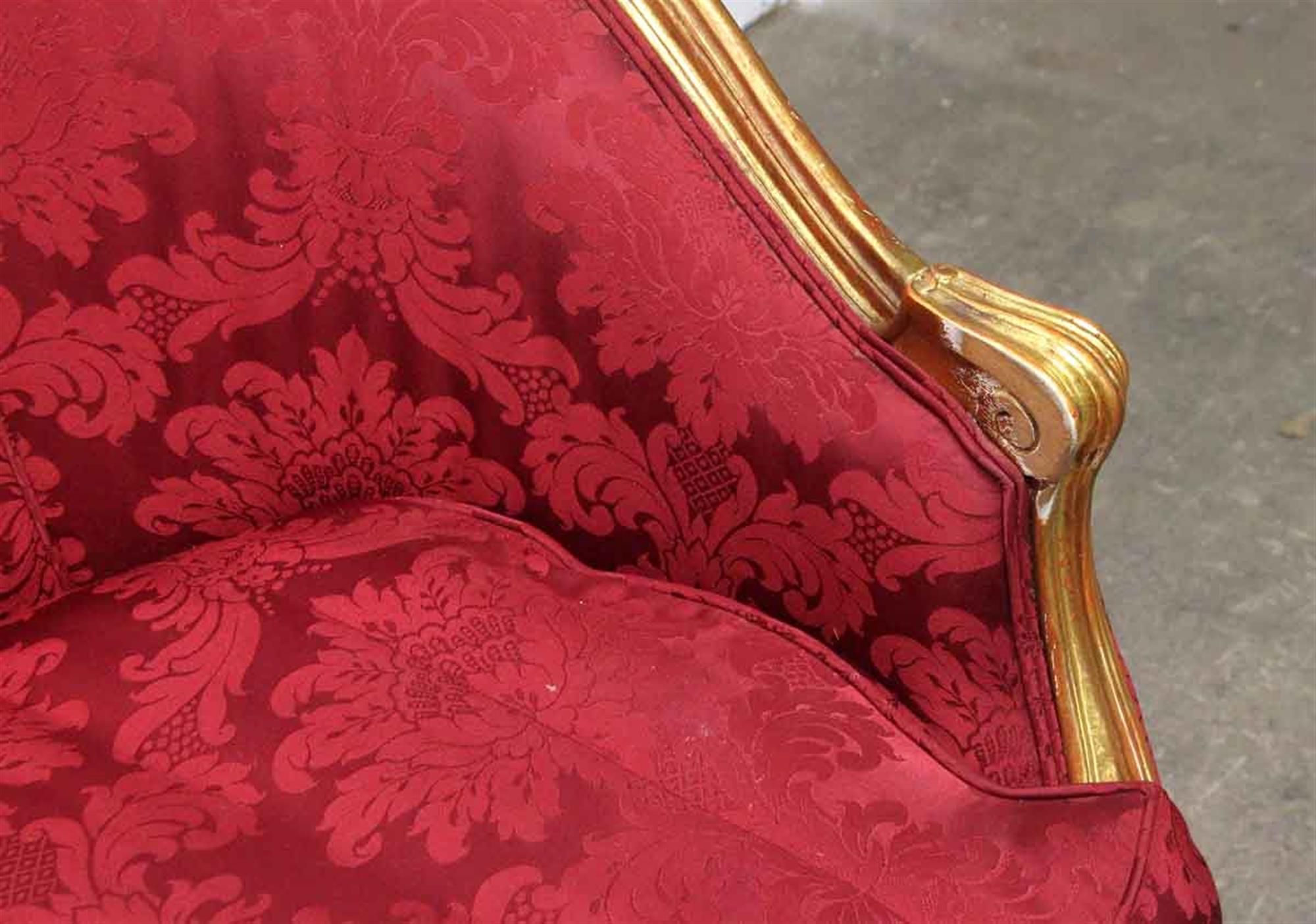 American 1890s Gilded Carved Wood Sofa Couch with Red Floral Upholstery