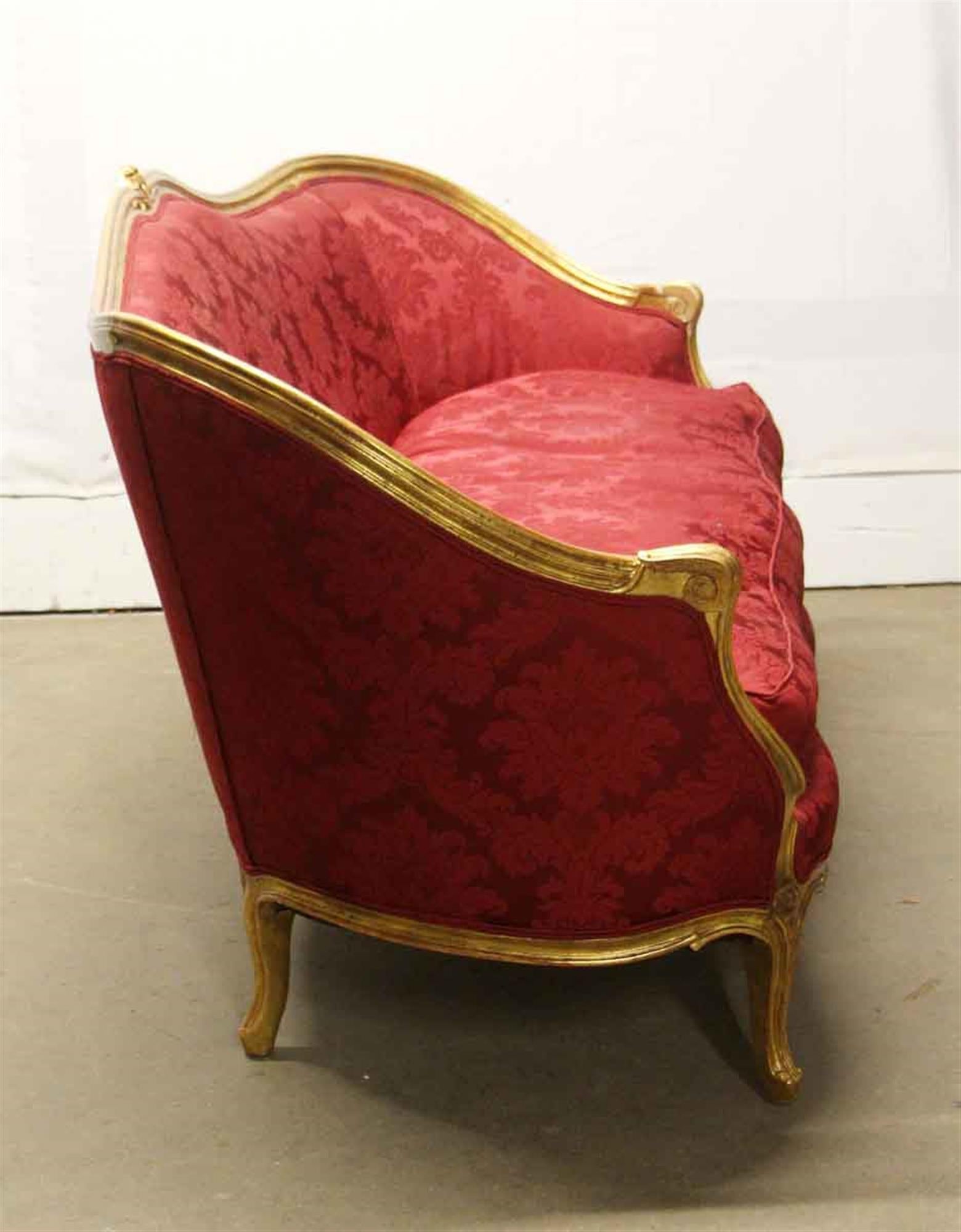 Late 19th Century 1890s Gilded Carved Wood Sofa Couch with Red Floral Upholstery