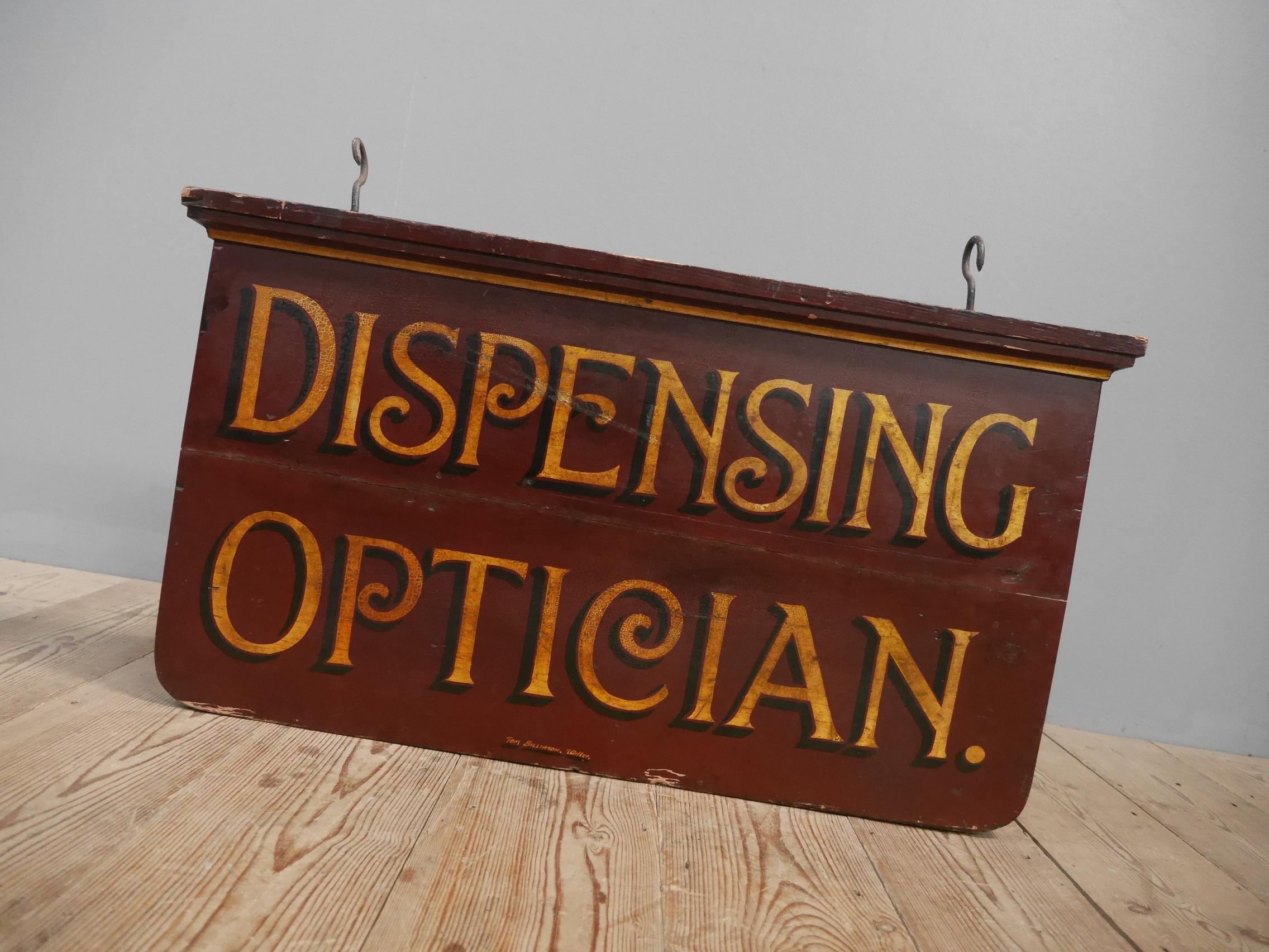 An early opticians's trade sign.
A wonderful 19th century, double sided, hand painted gilt timber trade sign, delightfully original & untouched with the perfect patina. The gilding is entirely original, as is the surrounding paintwork with it's