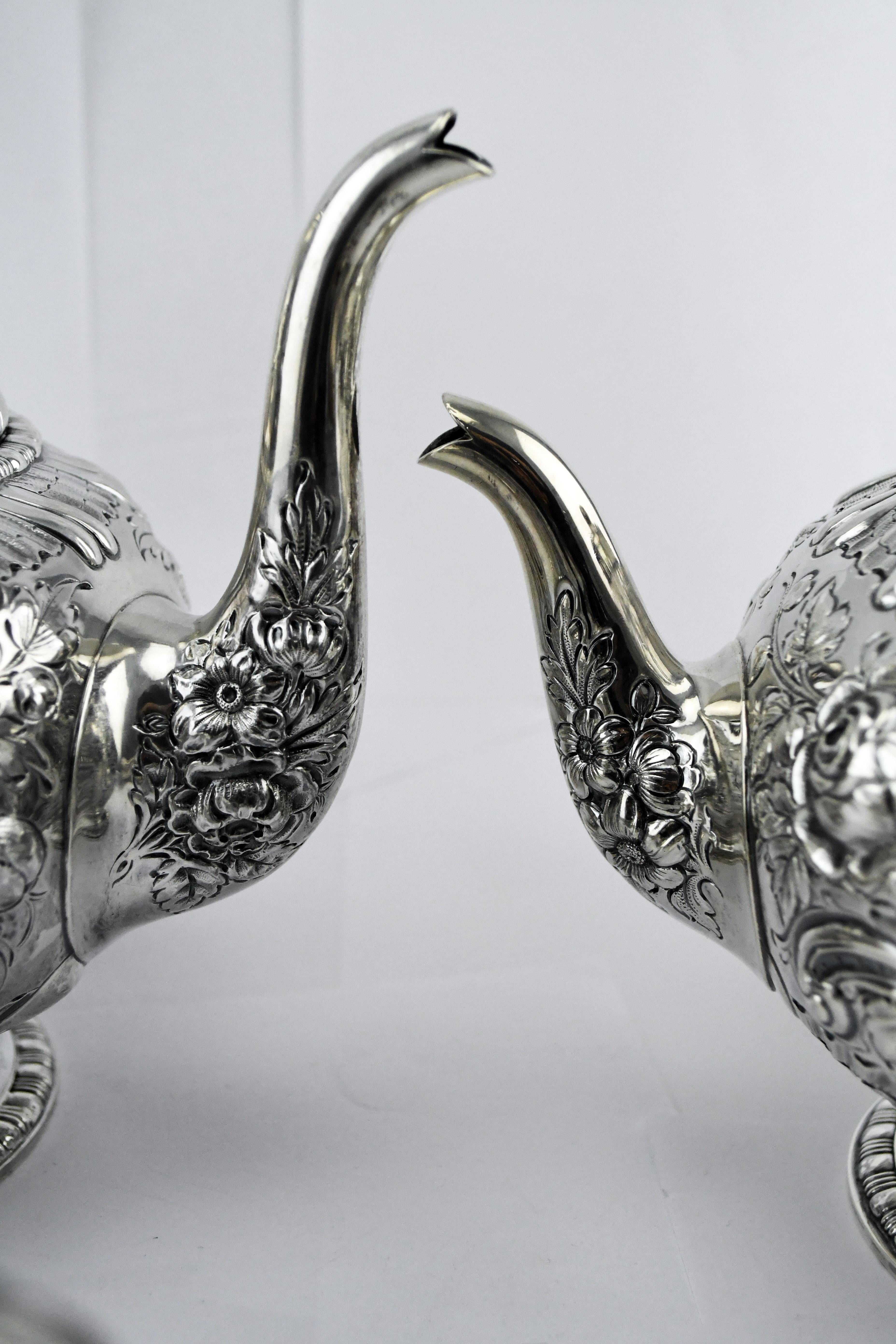 1890s Gorham Sterling Silver Repousse Style 5Piece Tea and Coffee Set