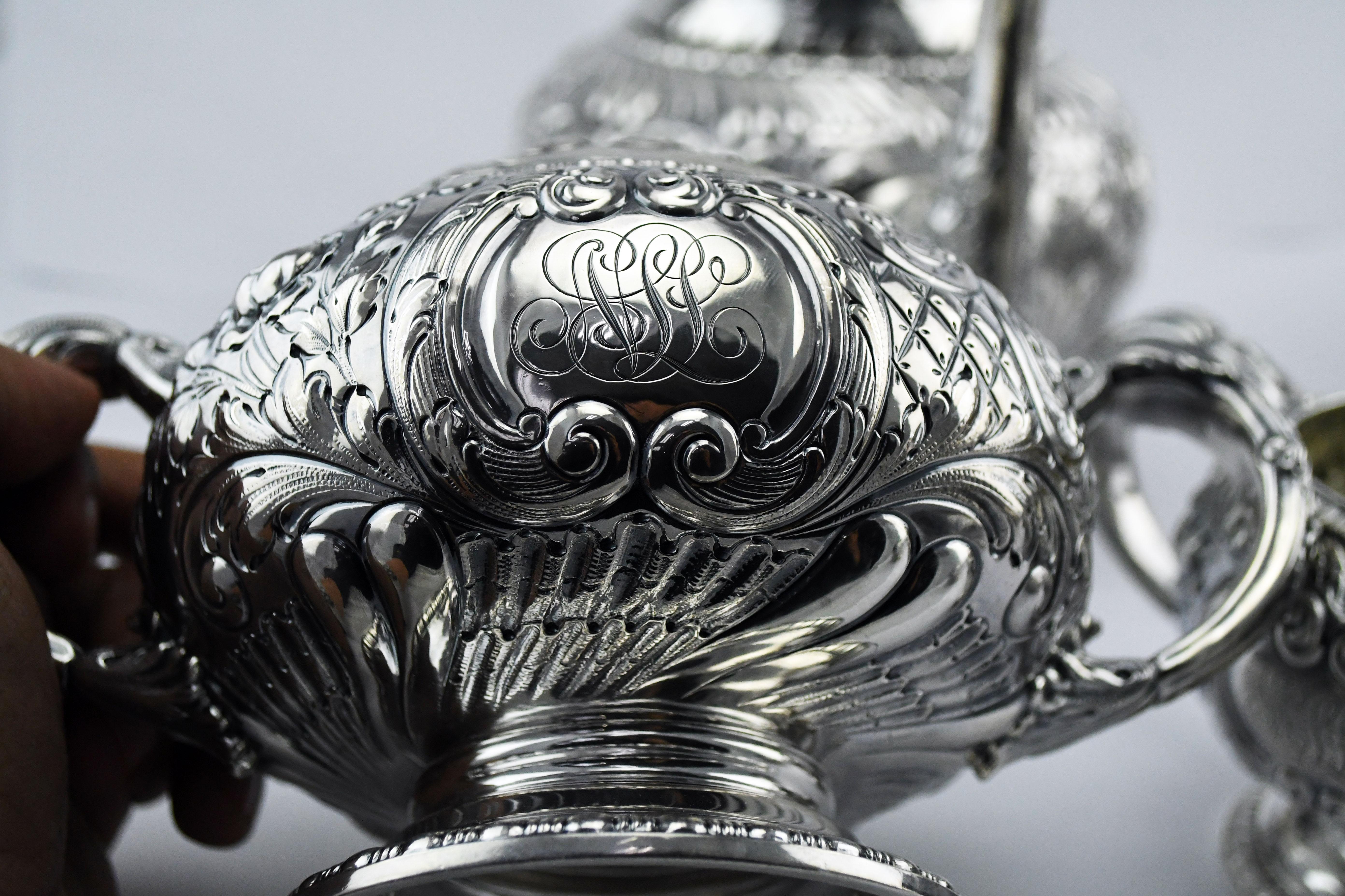 1890s Gorham Sterling Silver Repousse Style 5Piece Tea and Coffee Set