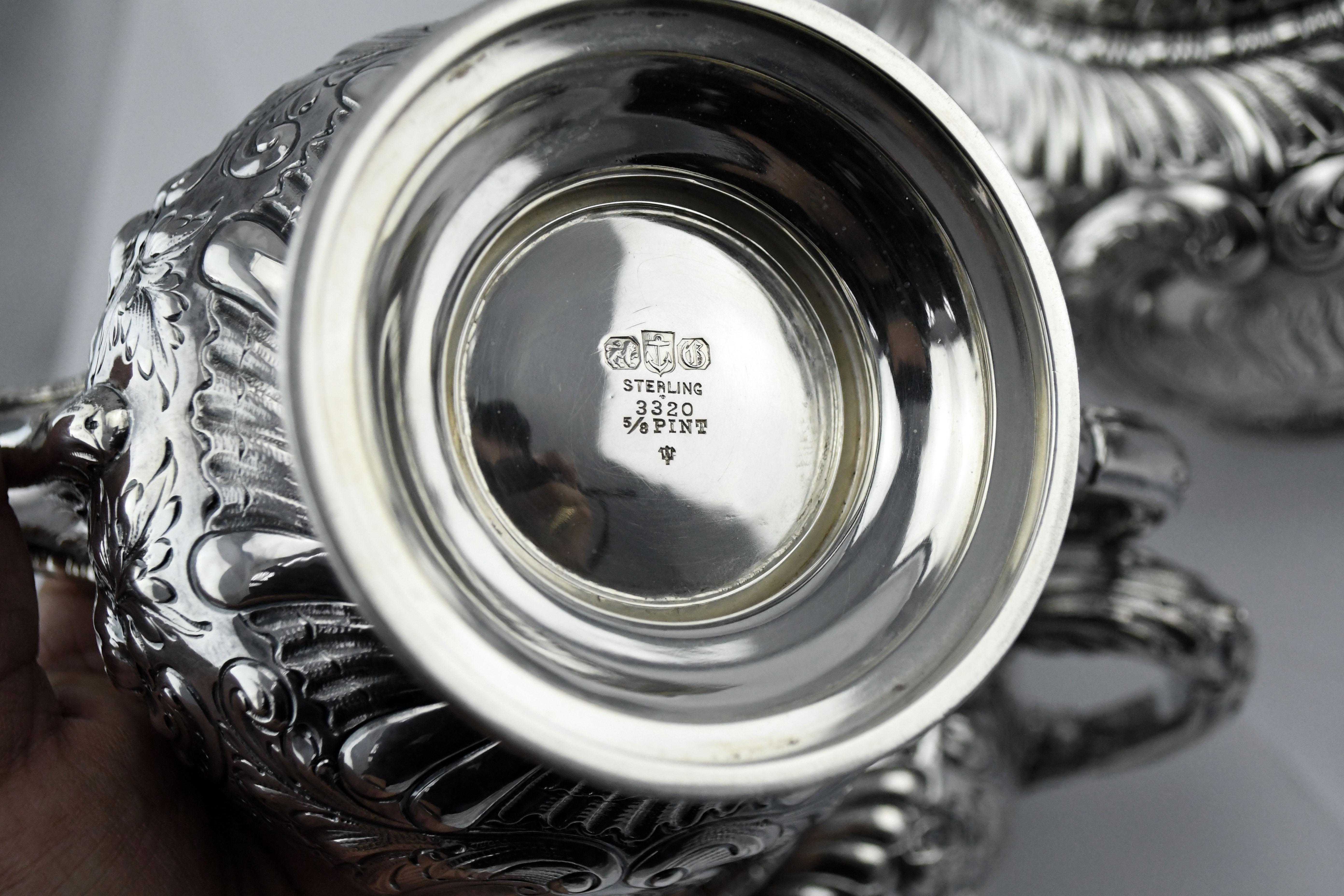 1890s Gorham Sterling Silver Repousse Style 5Piece Tea and Coffee Set