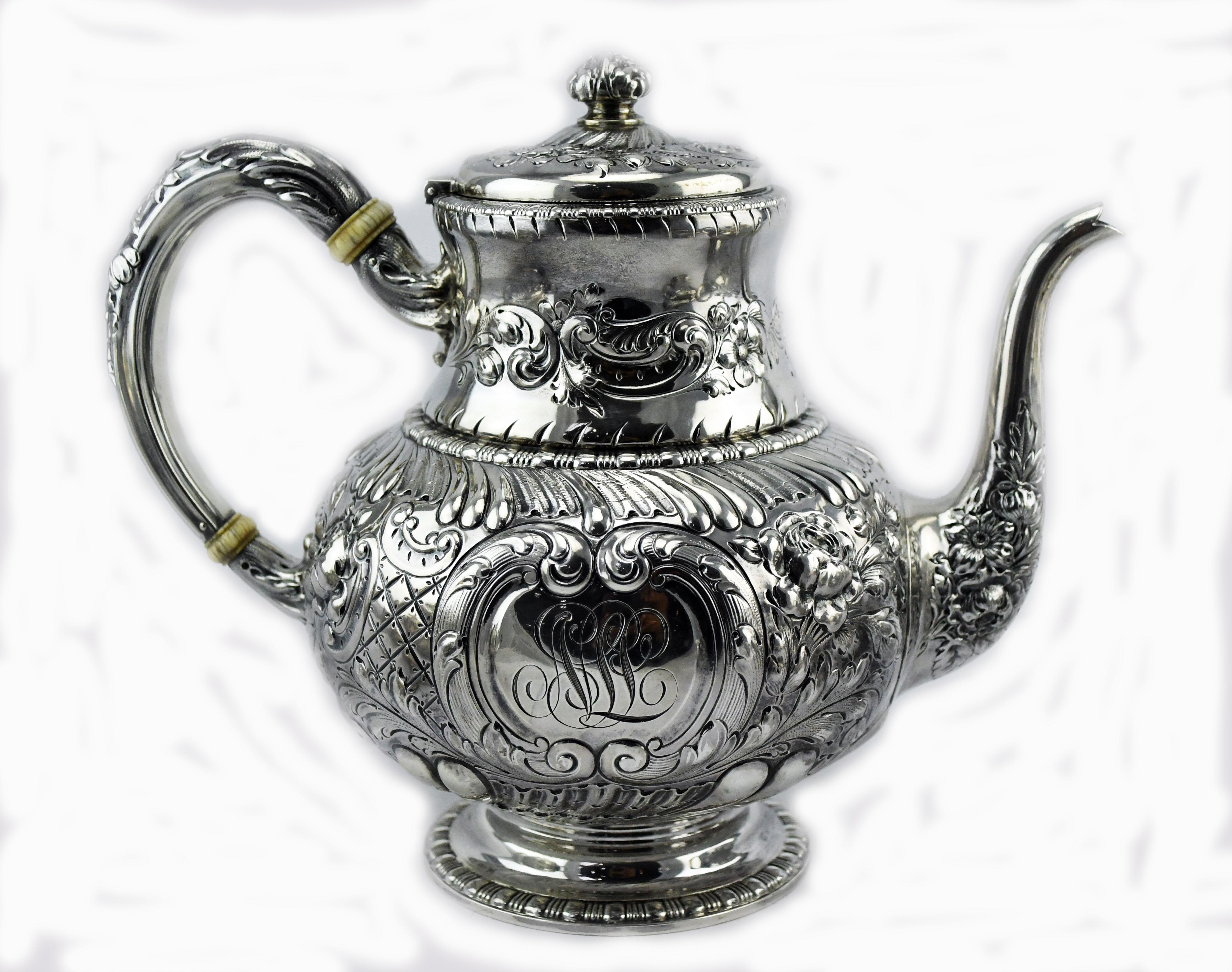 1890s Gorham Sterling Silver Repousse Style 5Piece Tea and Coffee Set