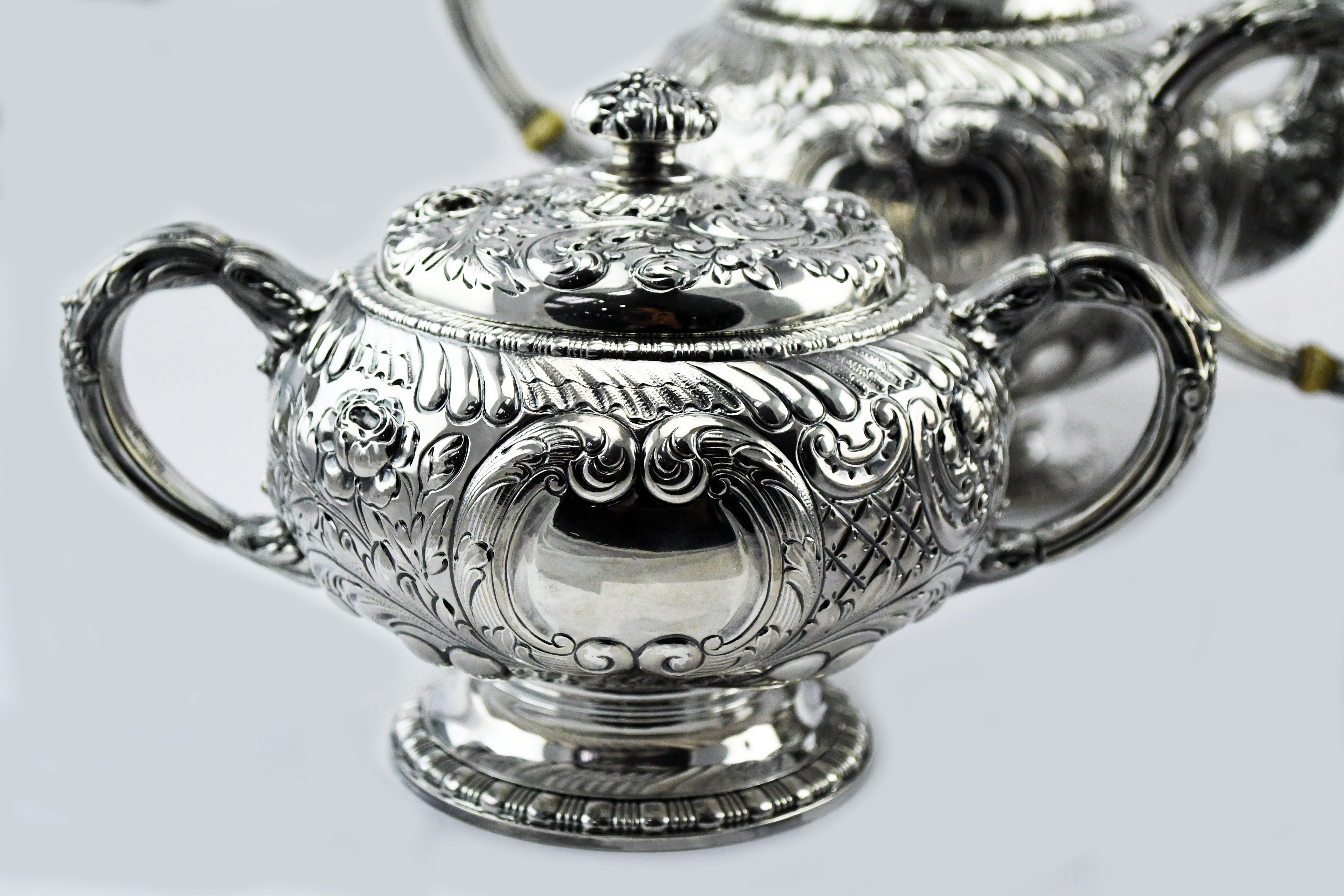 1890s Gorham Sterling Silver Repousse Style 5Piece Tea and Coffee Set