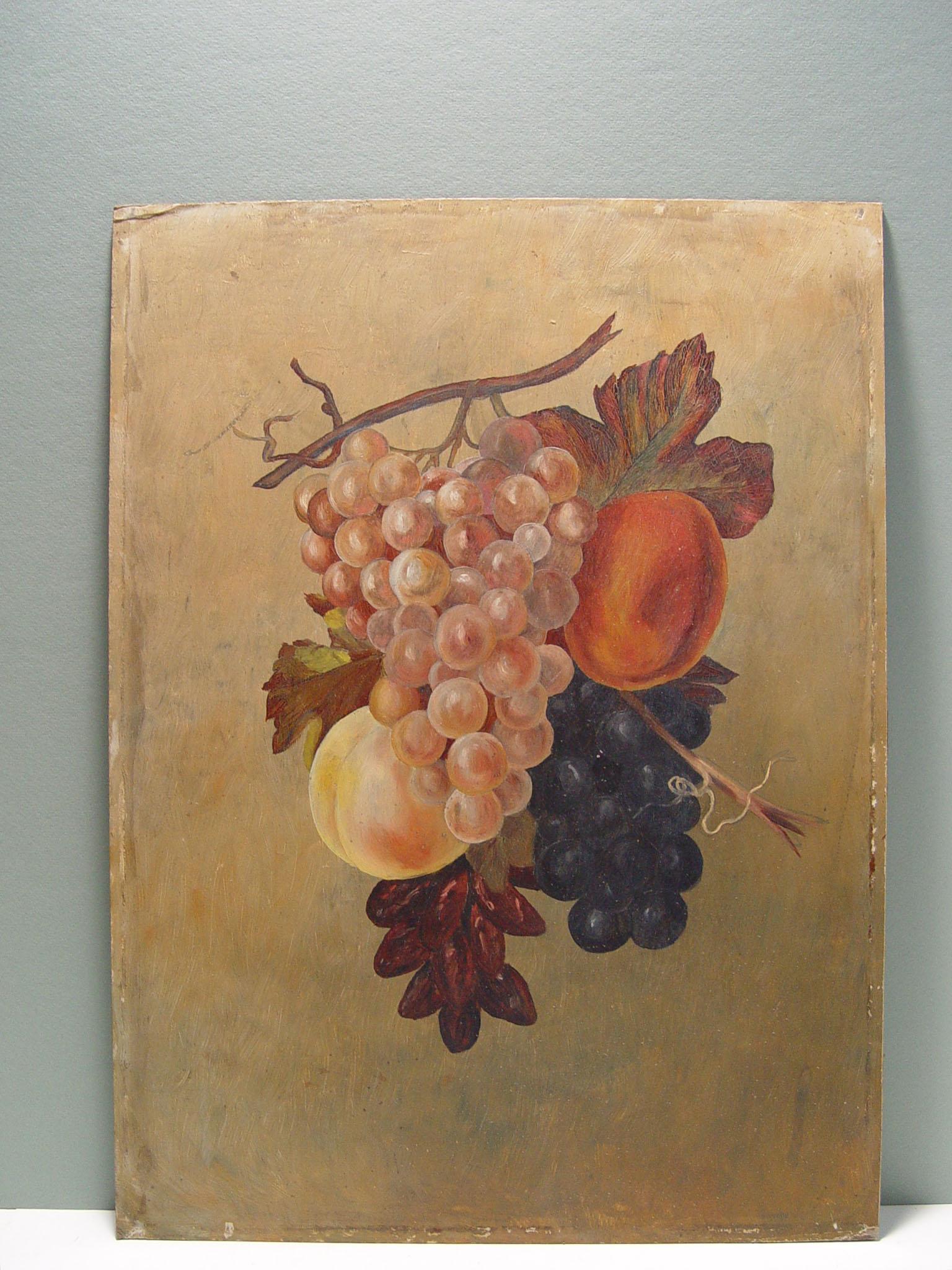 Grapes and peaches still life oil on board, circa 1890. Unsigned. Unframed. Edge wear, age toning.