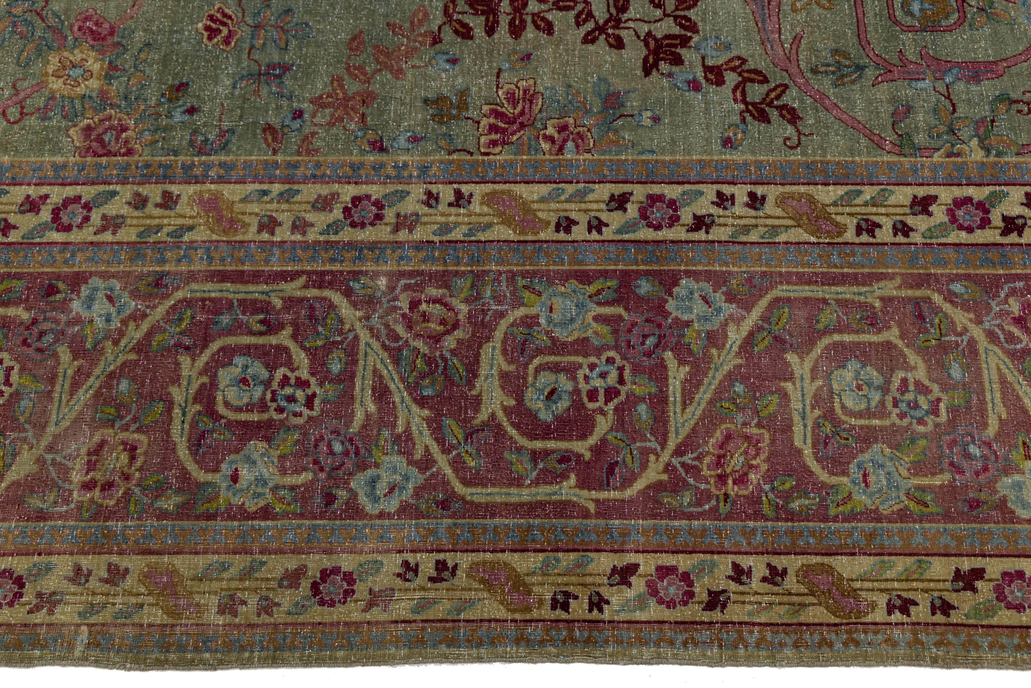 1890er Grüner antiker indischer Agra Handgefertigter Wollteppich mit Blumenmuster im Angebot 4