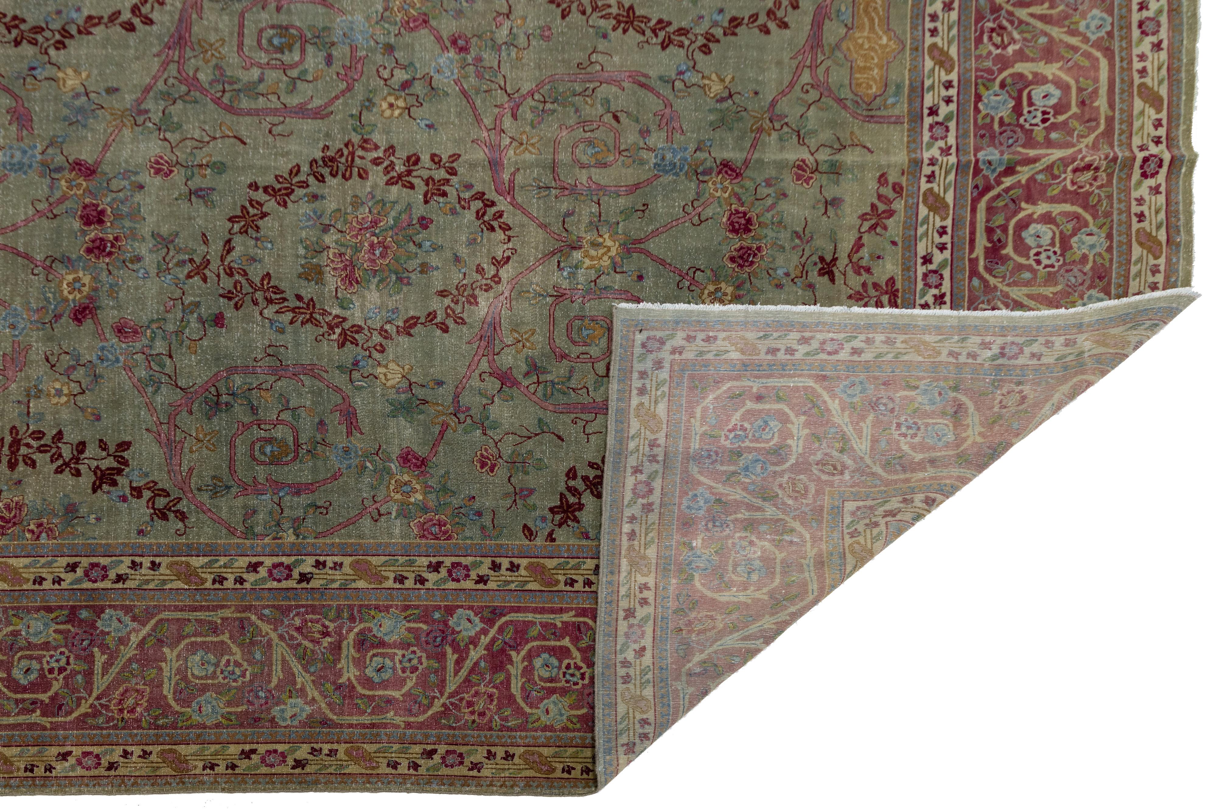 1890er Grüner antiker indischer Agra Handgefertigter Wollteppich mit Blumenmuster (Handgeknüpft) im Angebot