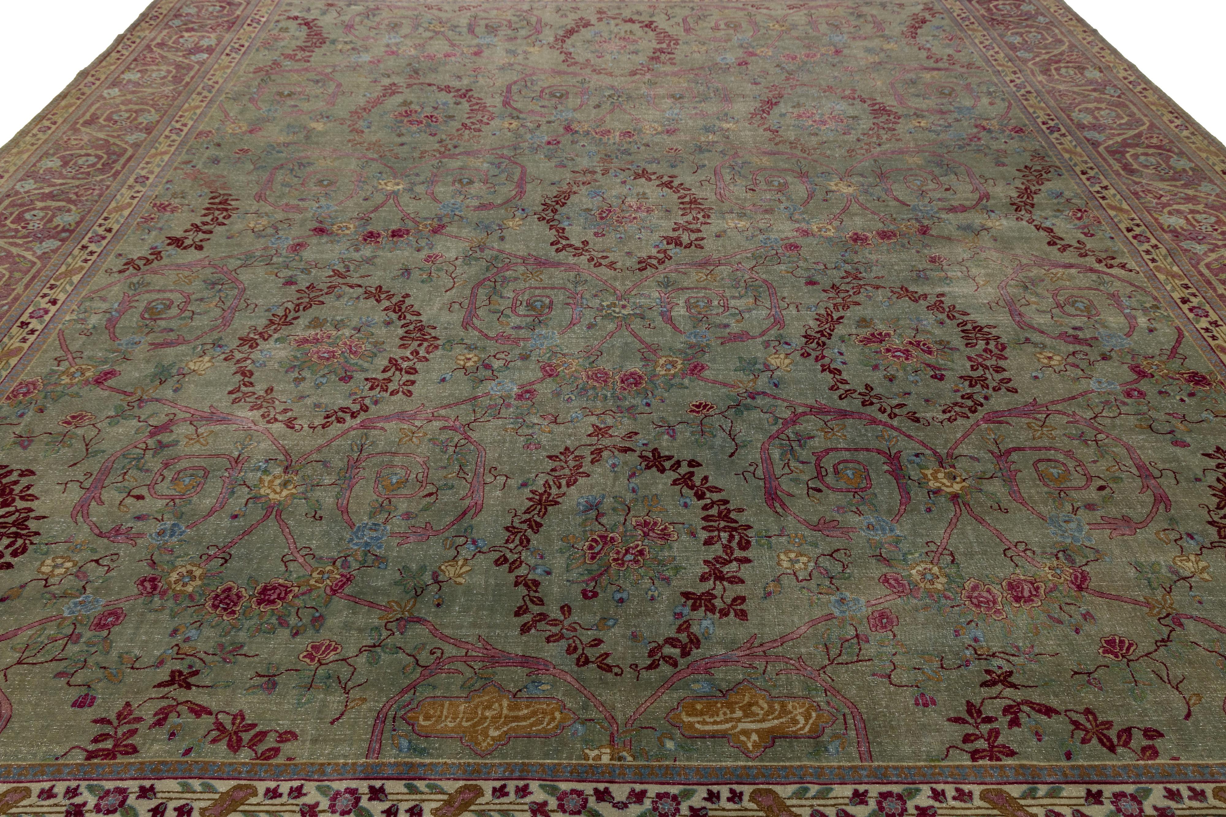 1890er Grüner antiker indischer Agra Handgefertigter Wollteppich mit Blumenmuster im Angebot 2