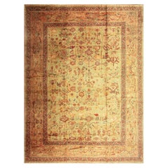 1890s Green Grand Scale Botanical Motifs Knotted Wool Antique Oushak Turkish Rug