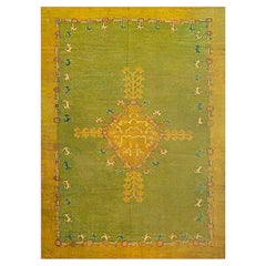 1890s Green Medallion Antique Turkish Oushak Rug 9'3"x12'1" Knotted Wool Carpet