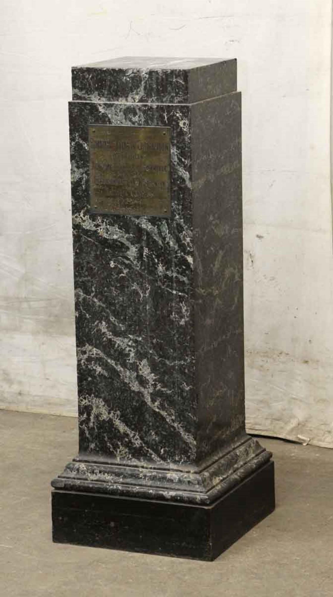 Dark green solid marble pedestal with splashes of light green, gray and brown from the 1890s. The plaque is inscribed for Simeon Balwdin Chittenden. This can be viewed at one of our New York City locations. Please inquire for the exact address.