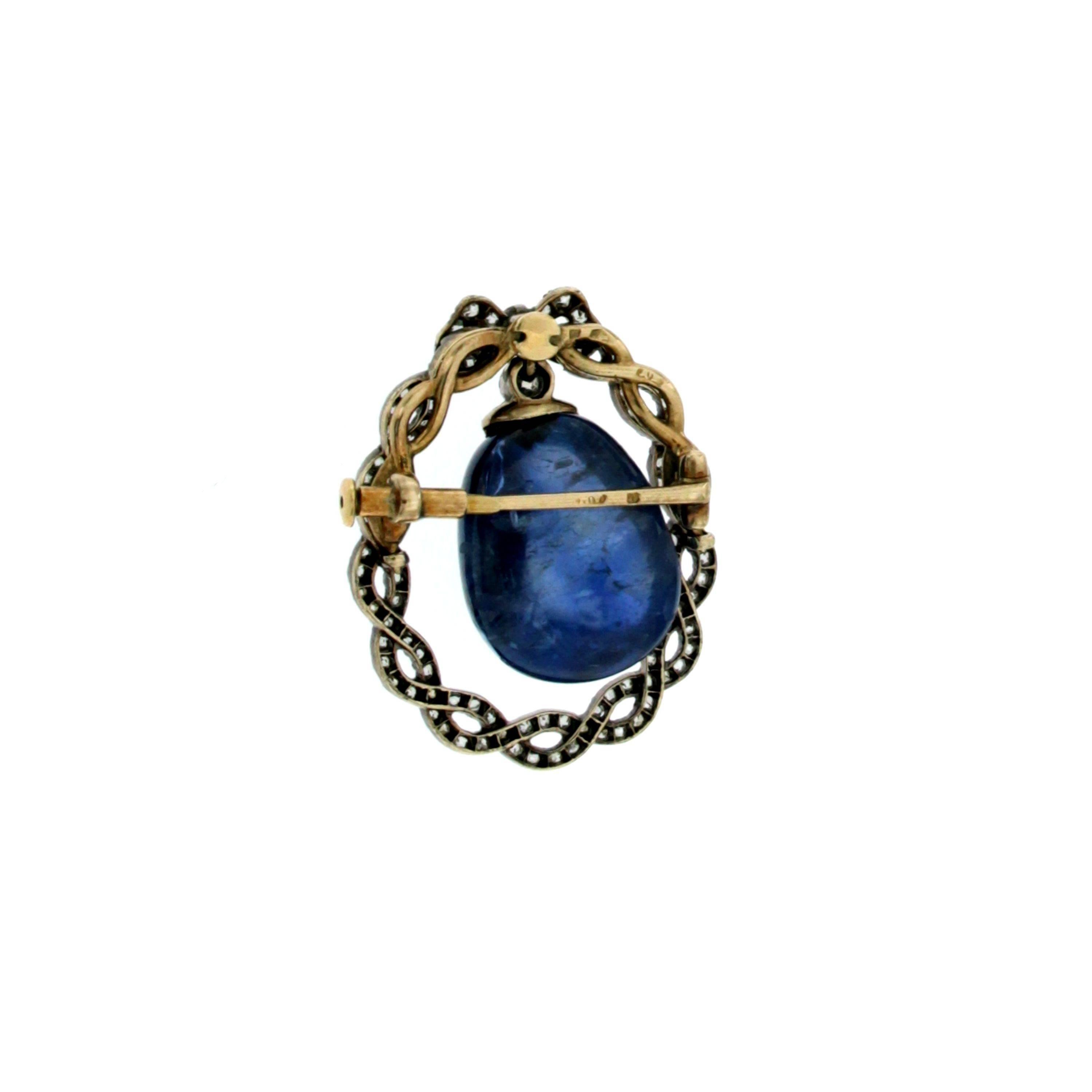 Old Mine Cut 1890s Hallmarked French Natural No Heated Sapphire Diamond Gold Brooch-Pendant