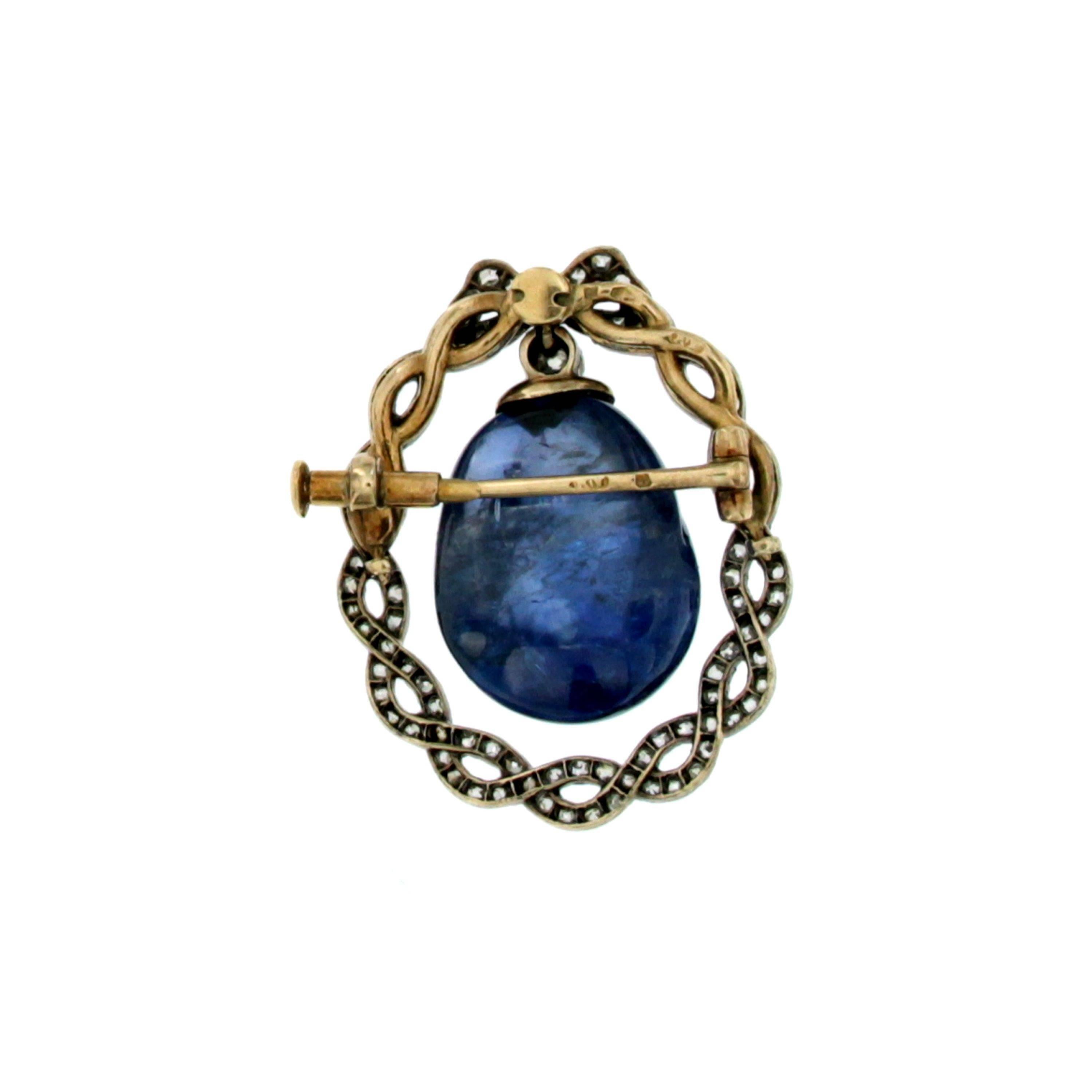 1890s Hallmarked French Natural No Heated Sapphire Diamond Gold Brooch-Pendant In Excellent Condition In Napoli, Italy