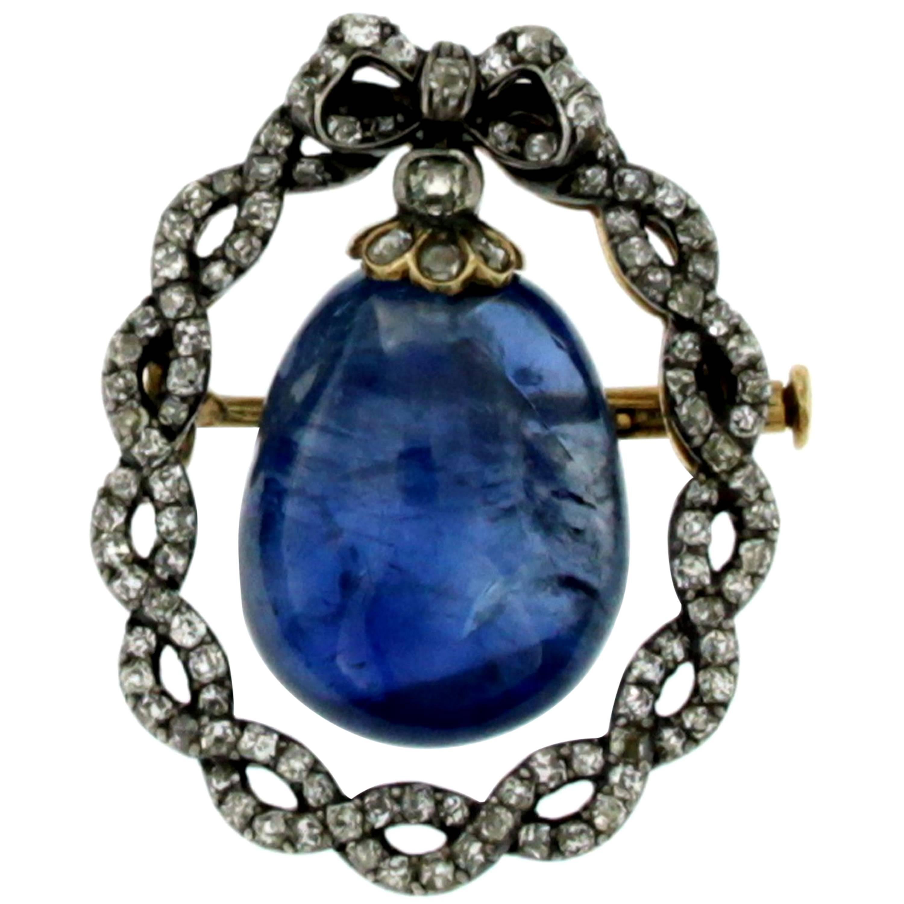 1890s Hallmarked French Natural No Heated Sapphire Diamond Gold Brooch-Pendant