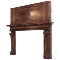 1890s Hand Carved Large Mahogany Mantel with Book Matched Over Mantel
