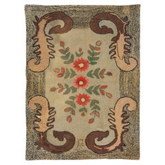 1890s Heather Gray Red Floral Design Antique American Hooked Rug 3
 x 4
 Carpet