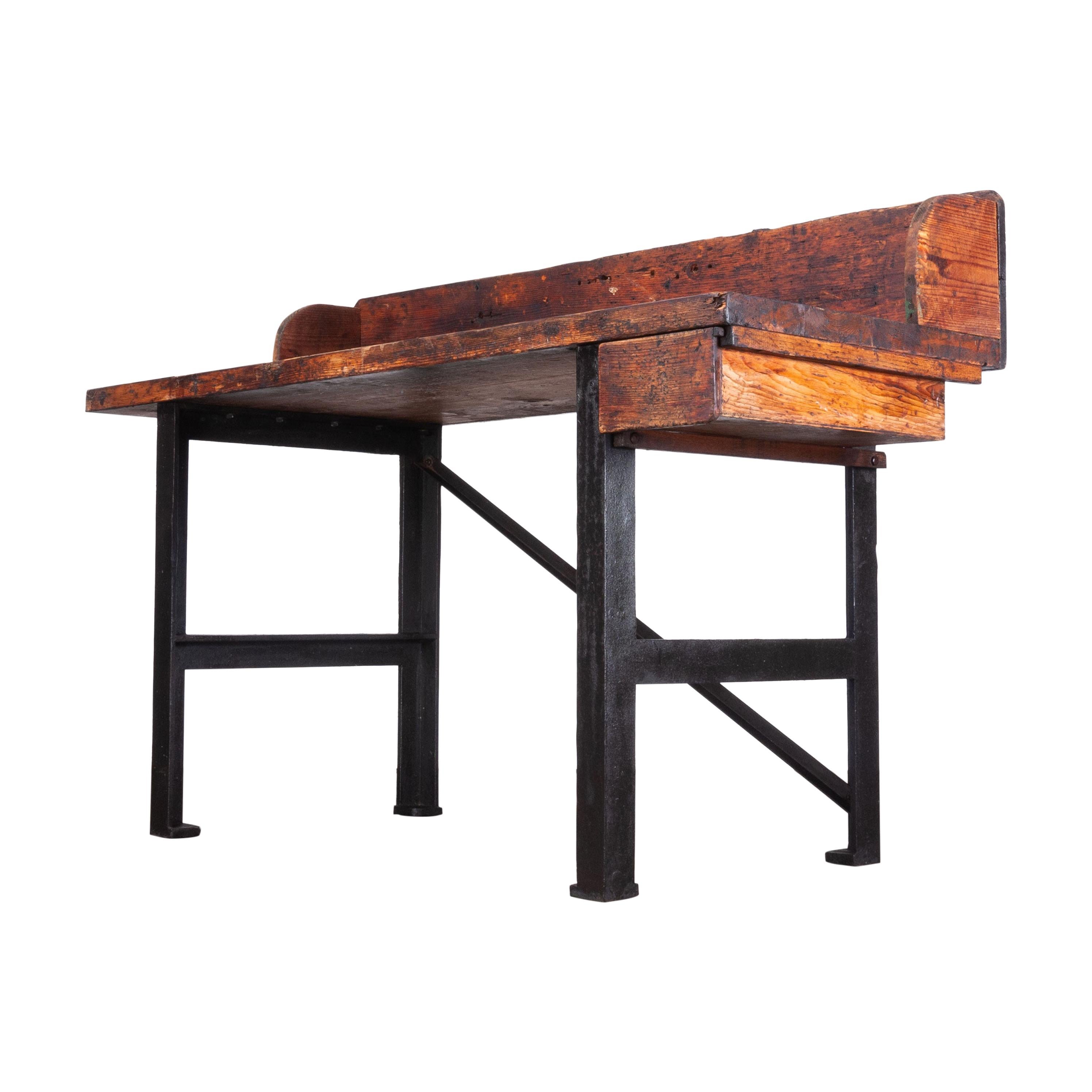 1890s Industrial Mill Work Bench/Console Table with Upstand