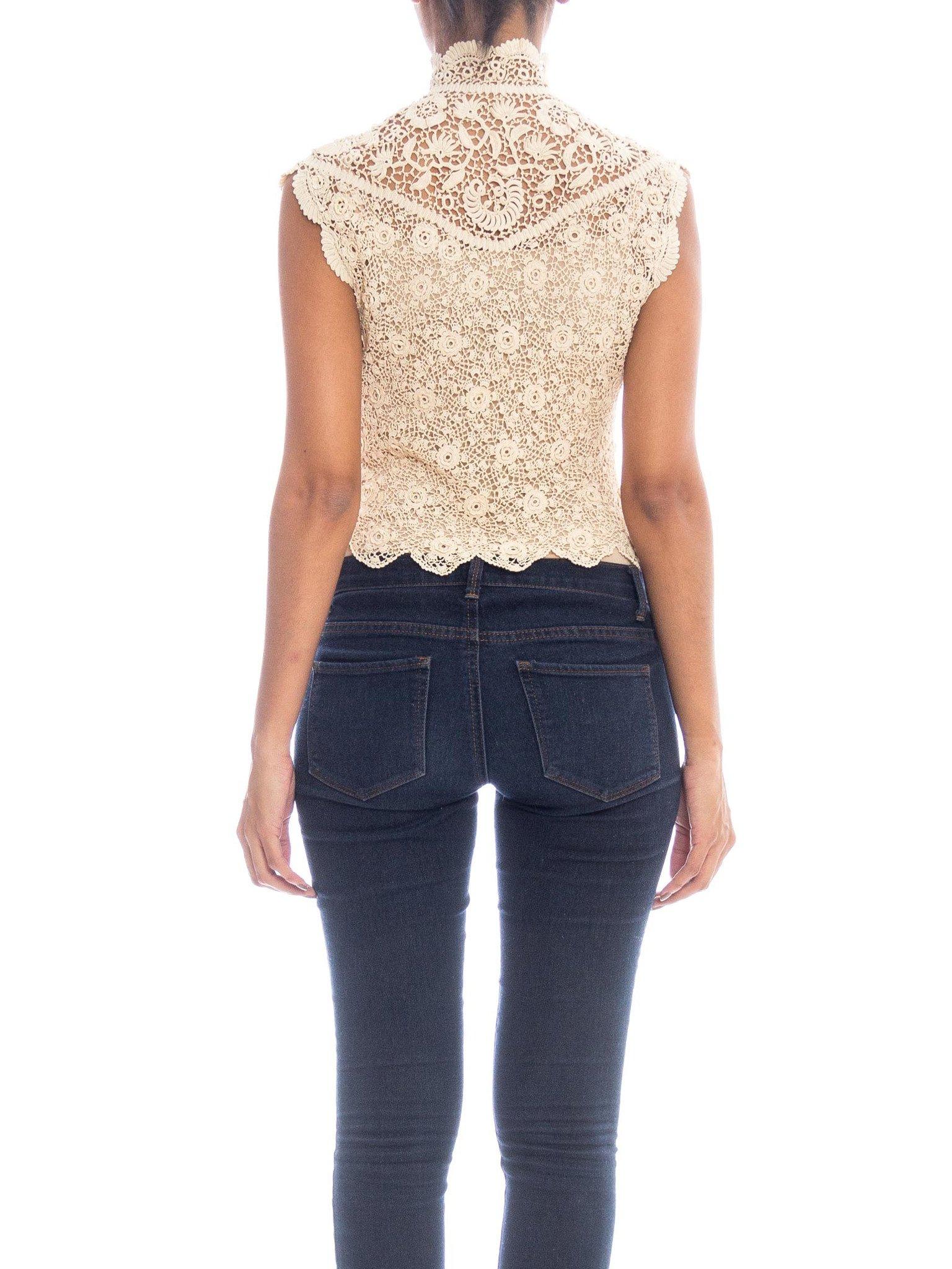 1890S Lace Victorian Irish Crochet Top In Excellent Condition For Sale In New York, NY