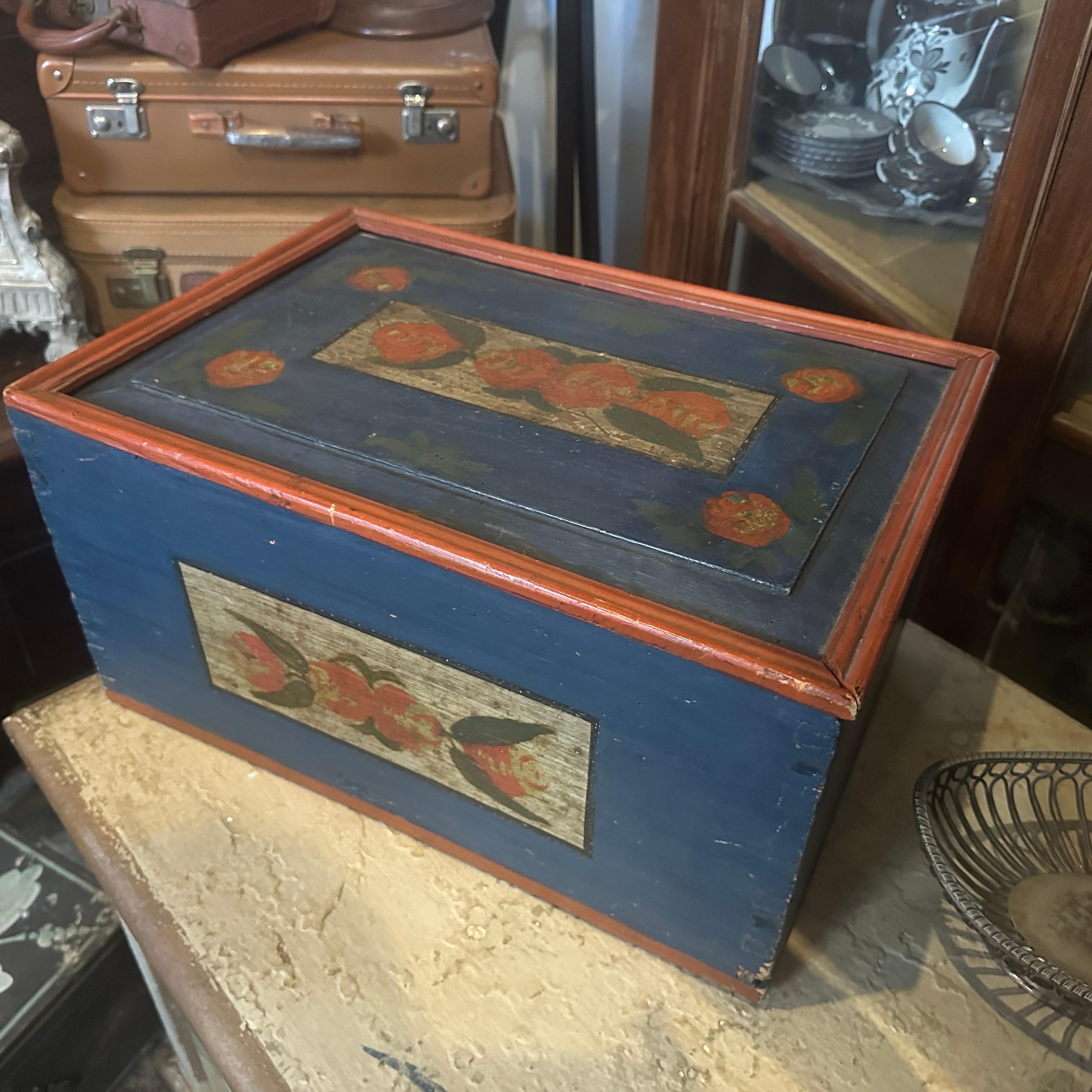 Fruitwood 1890s Louis Philippe Red and Blue Lacquered Wood Sicilian Box For Sale