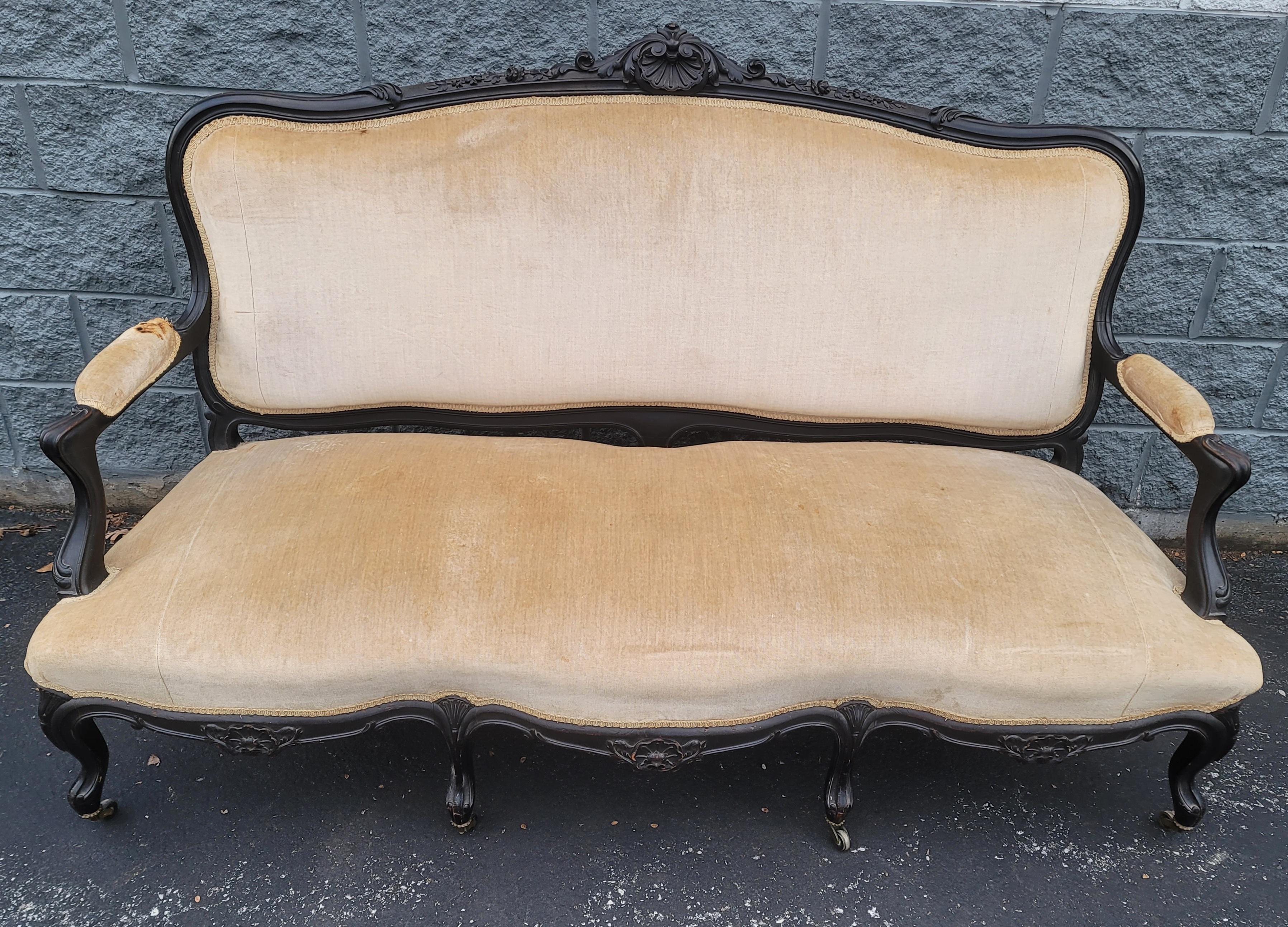 1890s Louis XV Carved, Ebonized and Upholstered Sofa For Sale 2