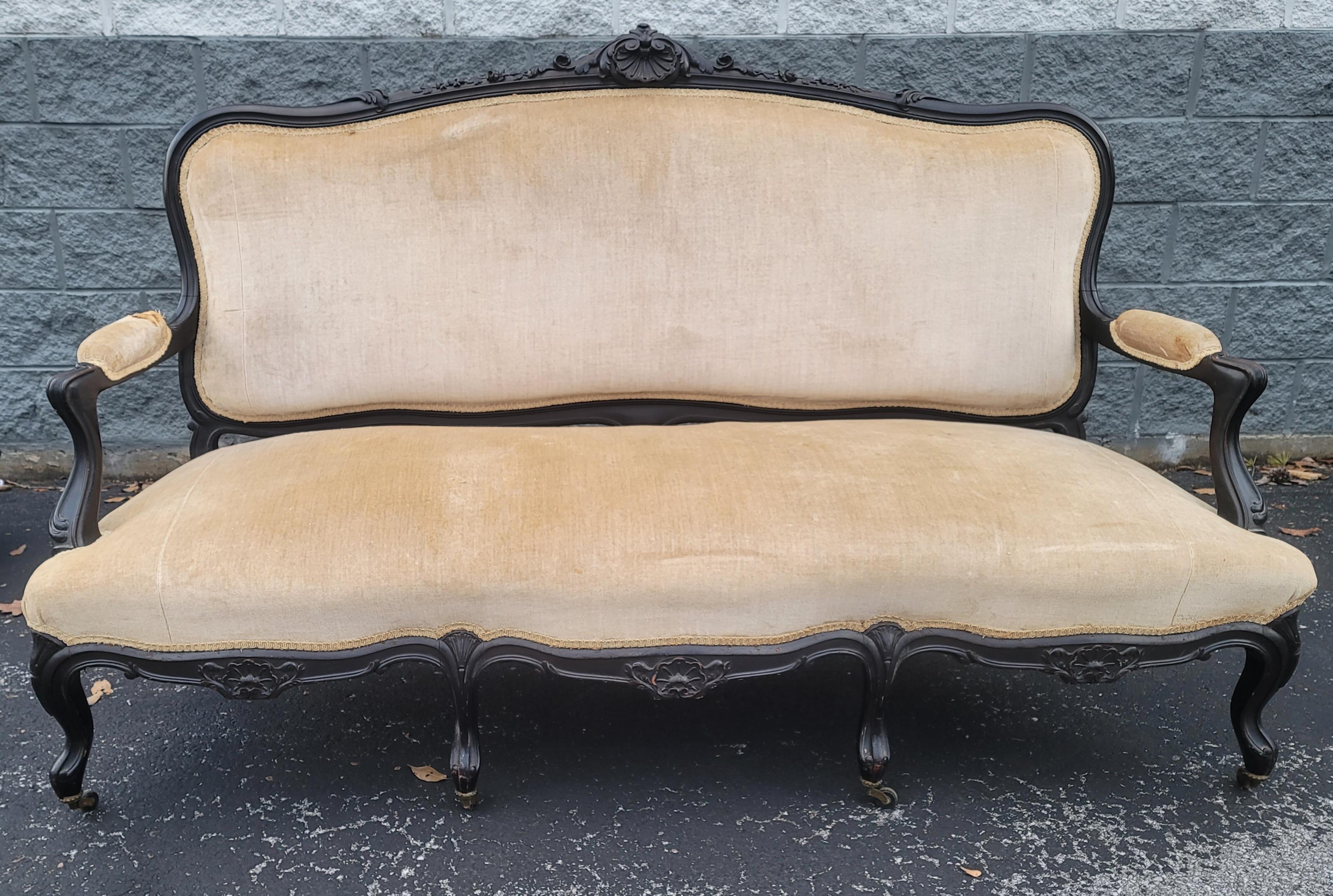 19th Century 1890s Louis XV Carved, Ebonized and Upholstered Sofa For Sale
