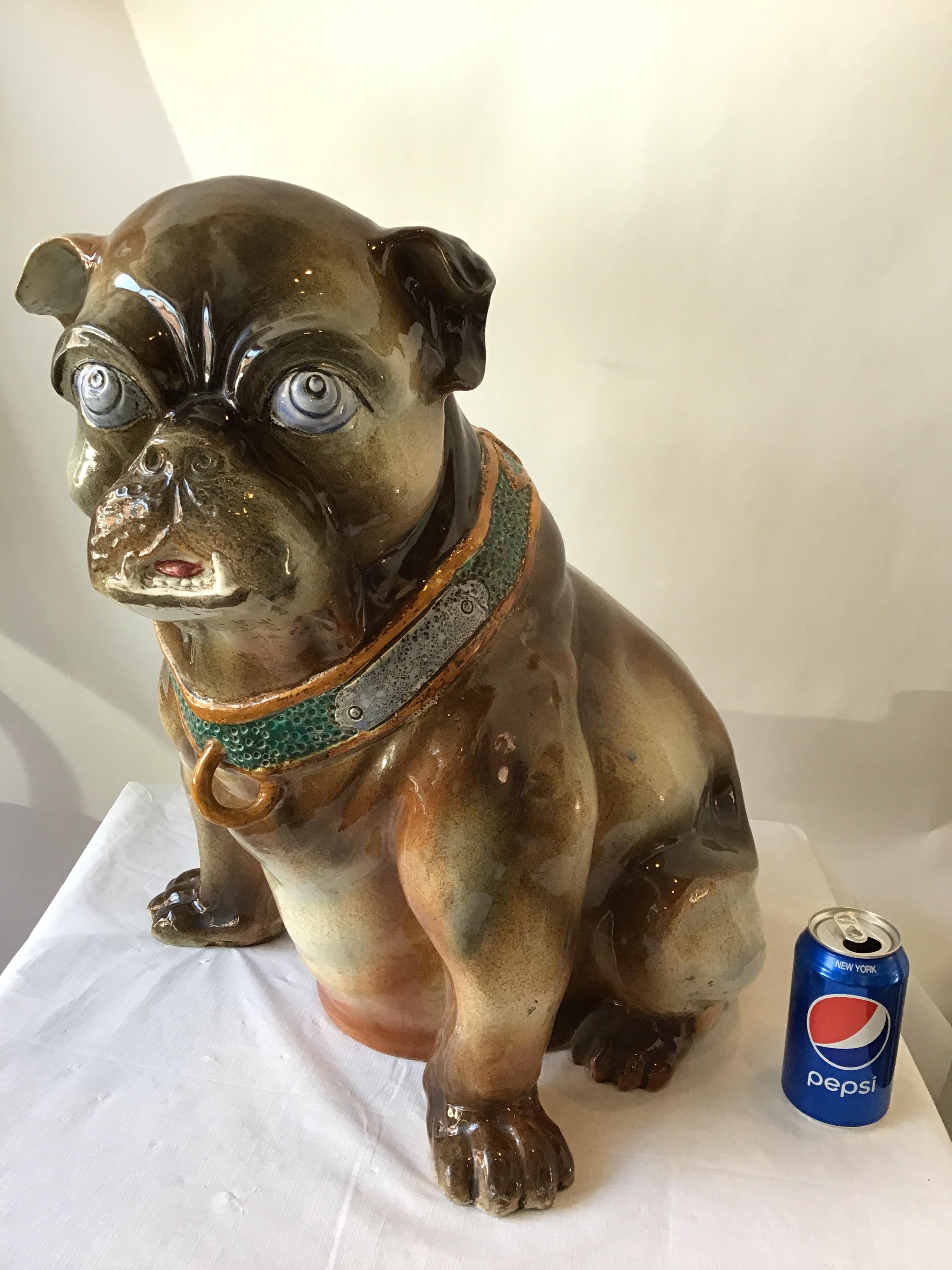Life size English bulldog umbrella stand by Mouzin Pottery, 1890s.
Stamped on foot, Wasmuel Belgium F. Thurner.
 