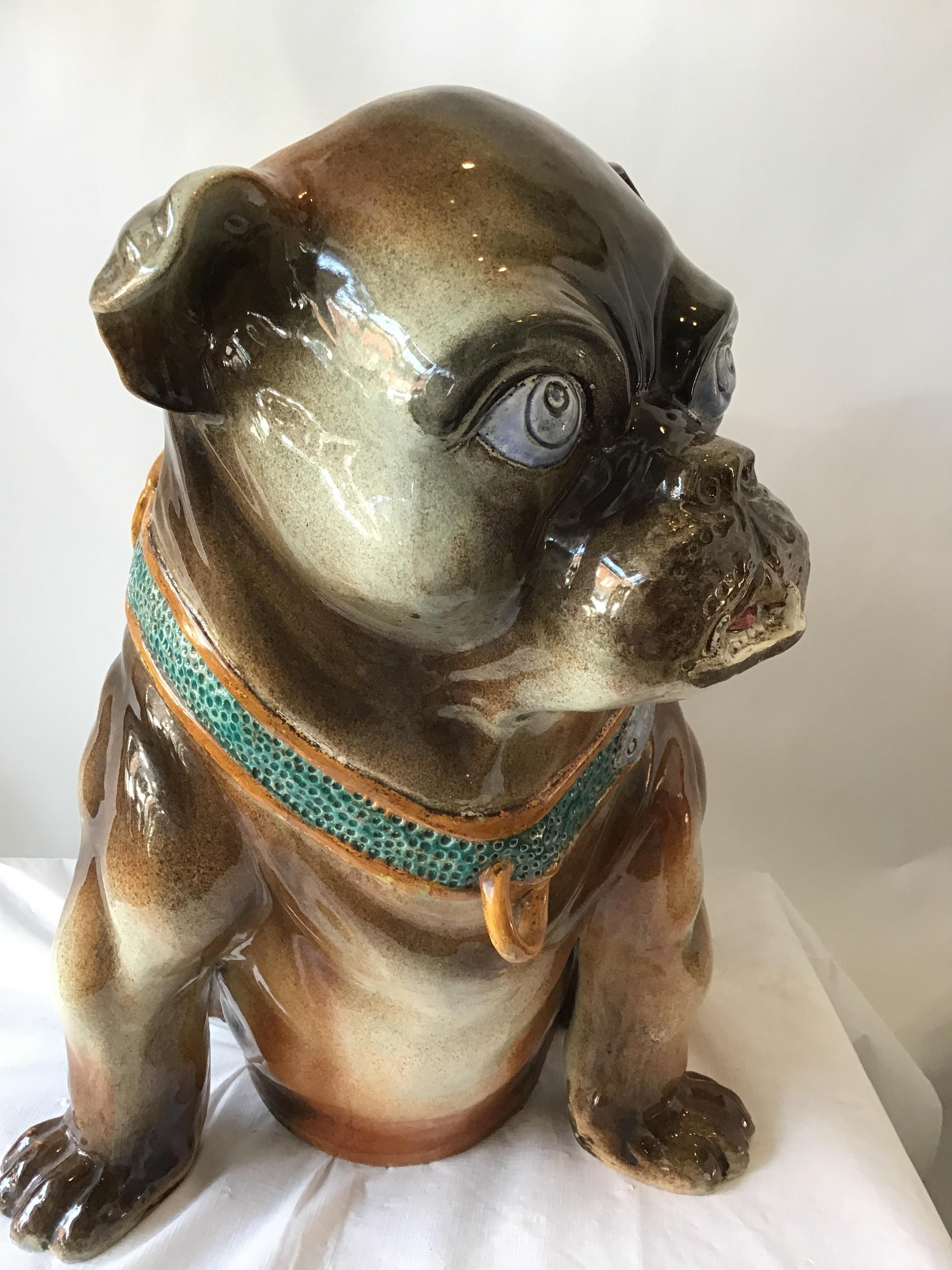 1890s Majolica English Bulldog Umbrella Stand by Mouzin Pottery In Fair Condition In Tarrytown, NY