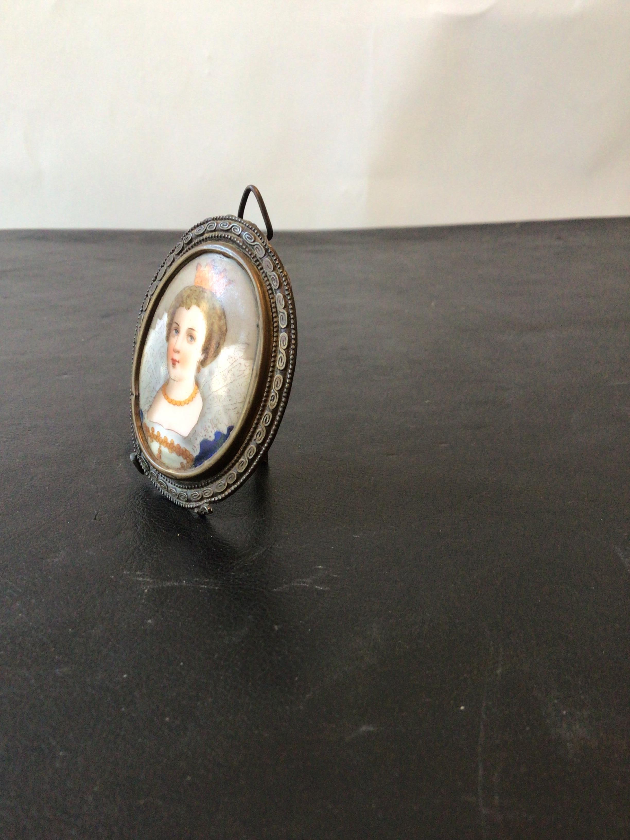 Late 19th Century 1890s Miniature Painting of Queen on Ceramic in Brass Frame