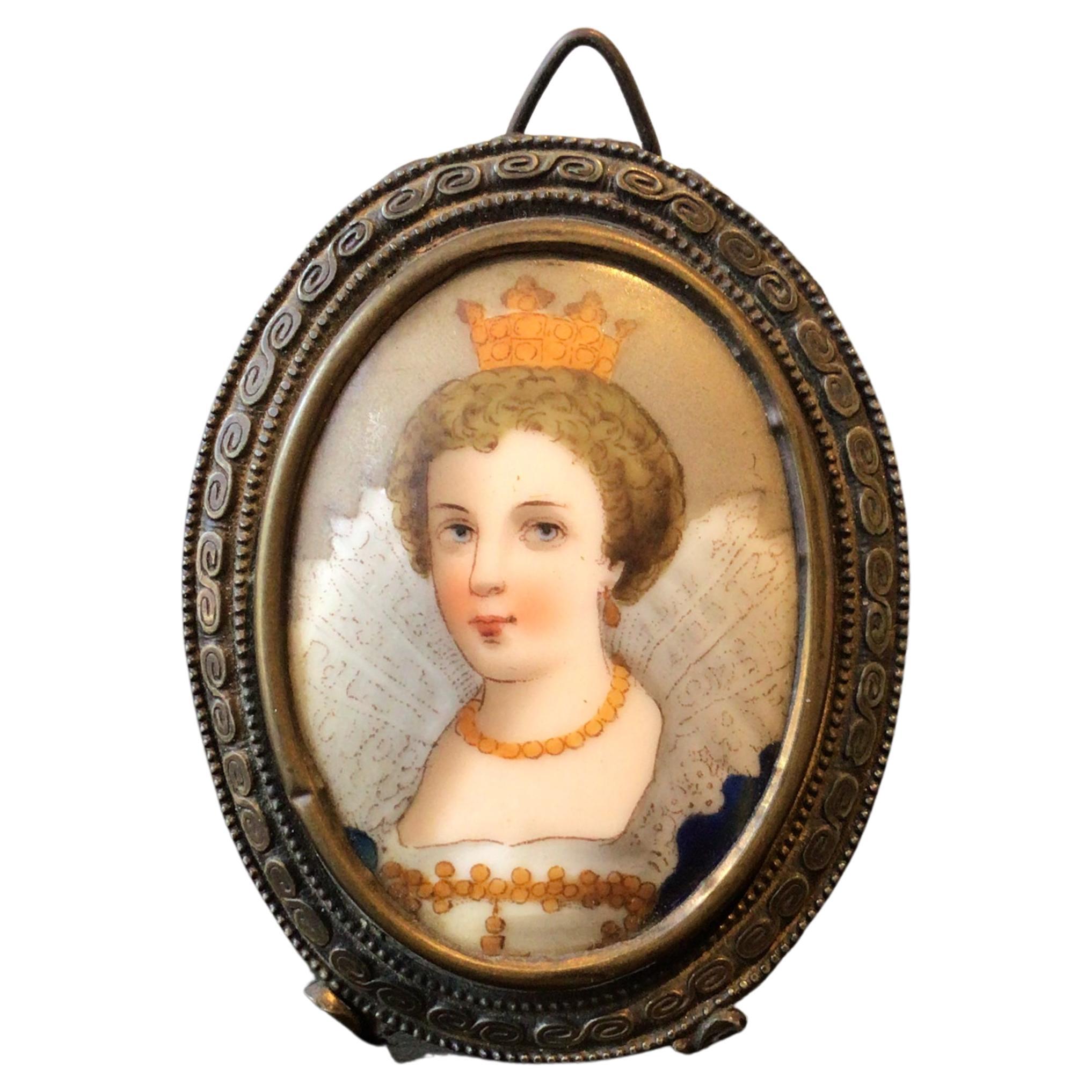 1890s Miniature Painting of Queen on Ceramic in Brass Frame