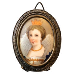 Antique 1890s Miniature Painting of Queen on Ceramic in Brass Frame