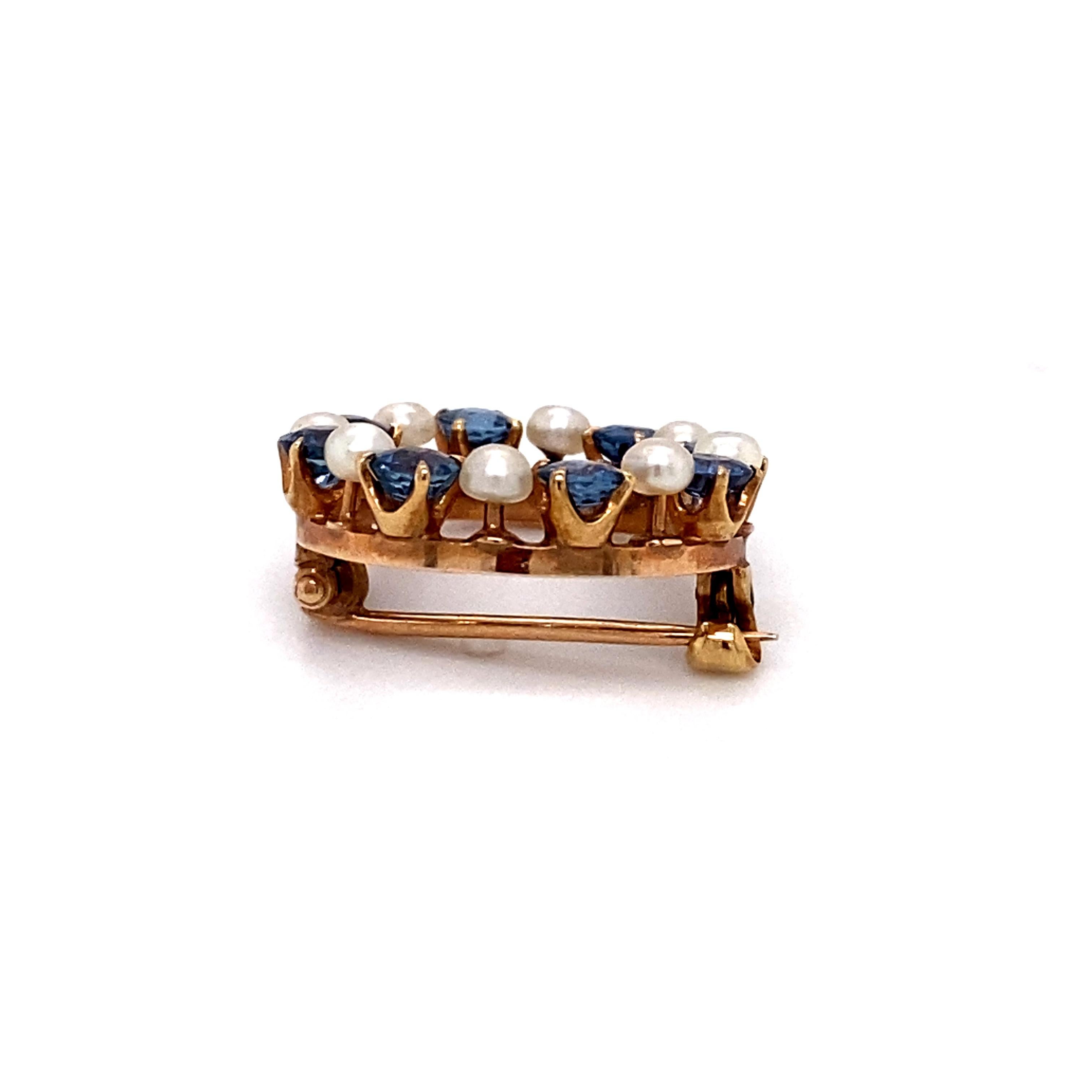 Late Victorian 1890s Montana Sapphire and Pearl Circle Pin in 14 Karat Gold For Sale